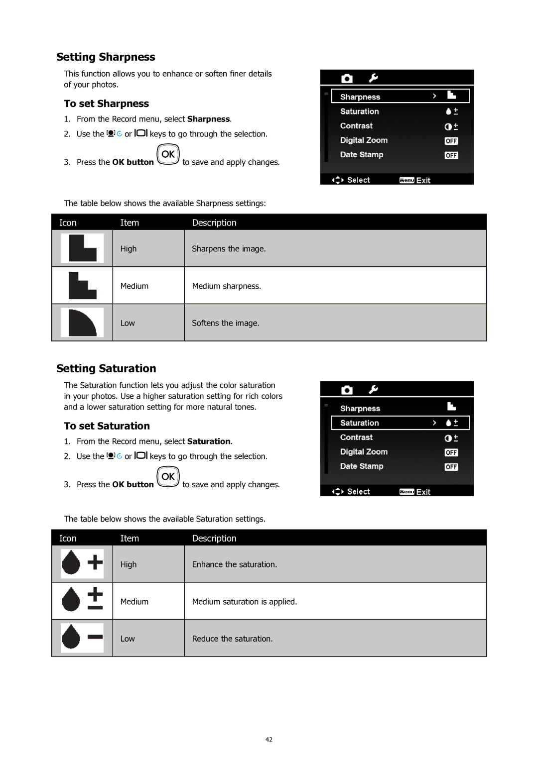 HP SW450 manual Setting Sharpness, Setting Saturation, To set Sharpness, To set Saturation 