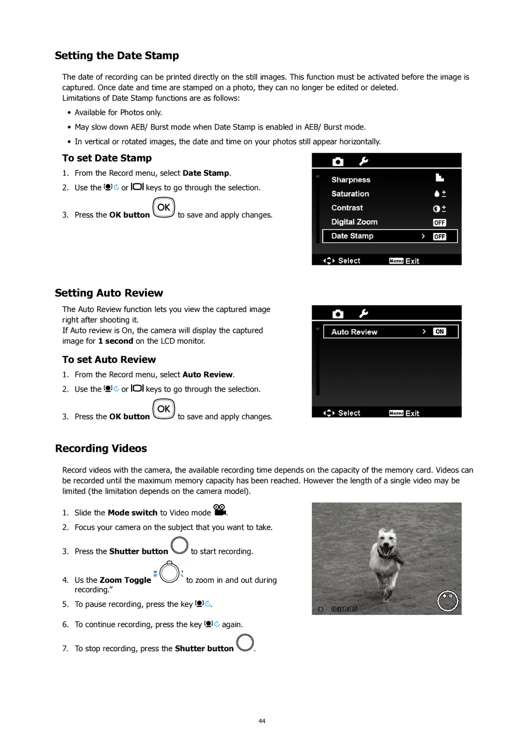 HP SW450 manual Setting the Date Stamp, Setting Auto Review, Recording Videos, To set Date Stamp, To set Auto Review 