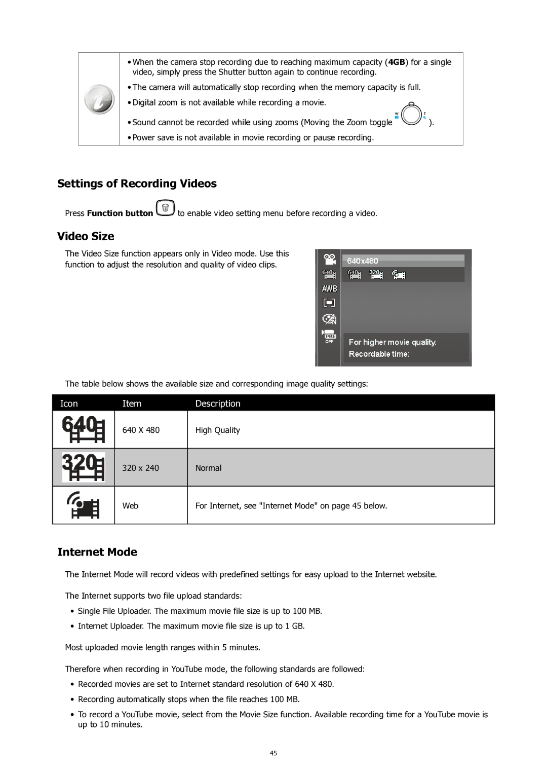 HP SW450 manual Settings of Recording Videos, Video Size, Internet Mode 