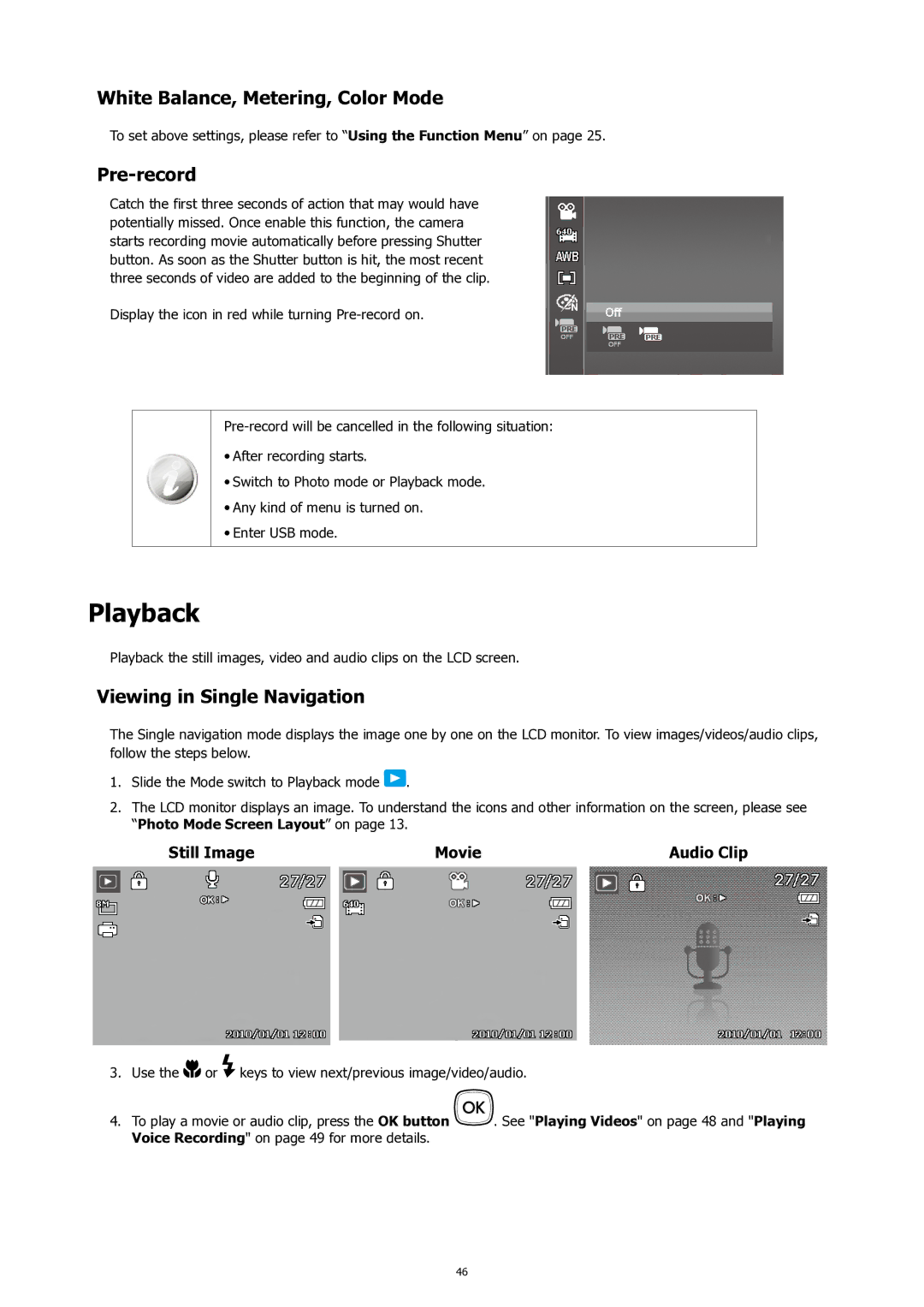 HP SW450 manual Playback, White Balance, Metering, Color Mode, Pre-record, Viewing in Single Navigation 