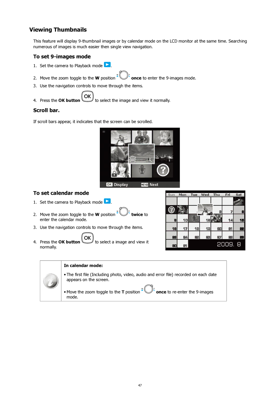 HP SW450 manual Viewing Thumbnails, To set 9-images mode, Scroll bar, To set calendar mode, Calendar mode 