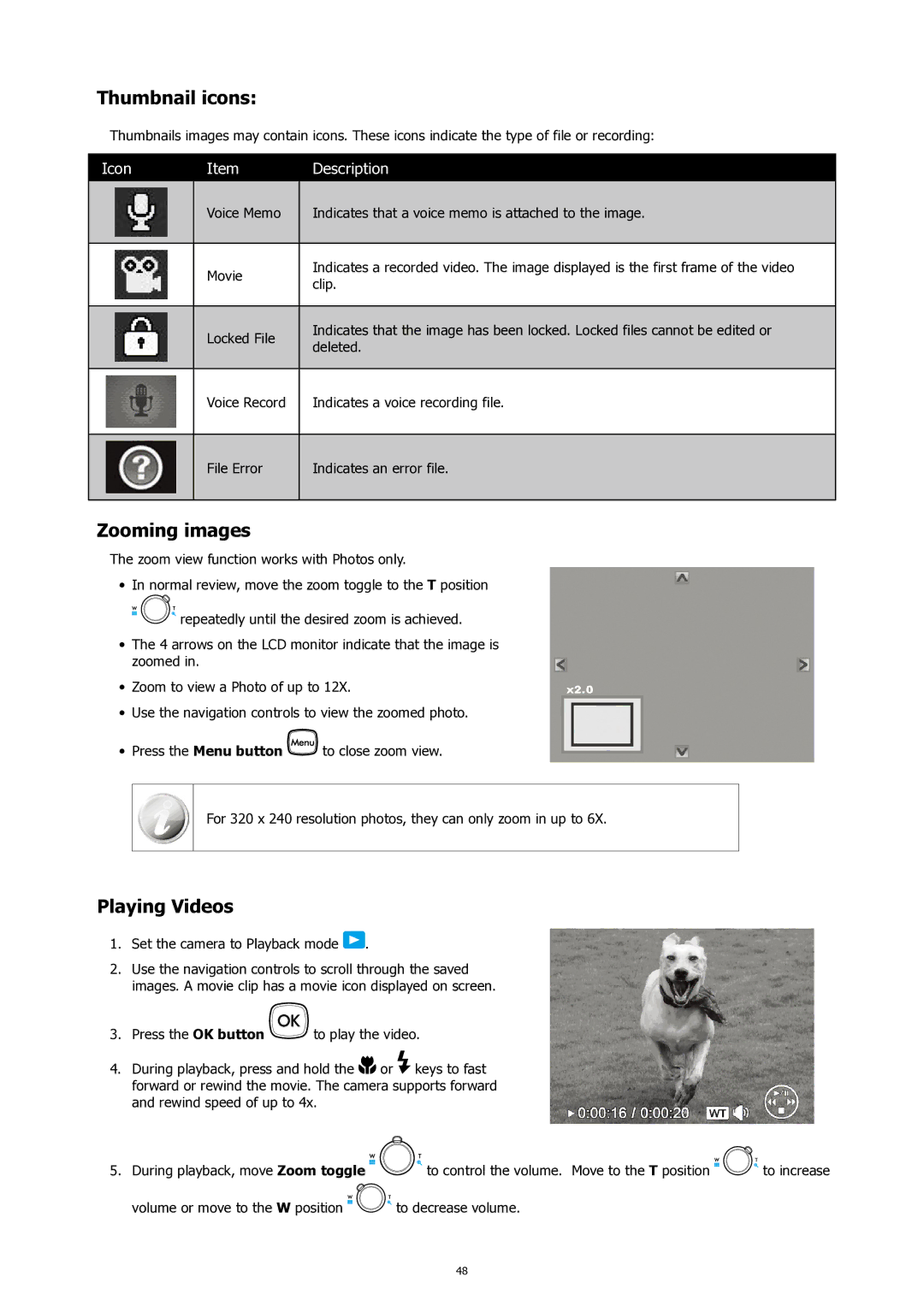 HP SW450 manual Thumbnail icons, Zooming images, Playing Videos 