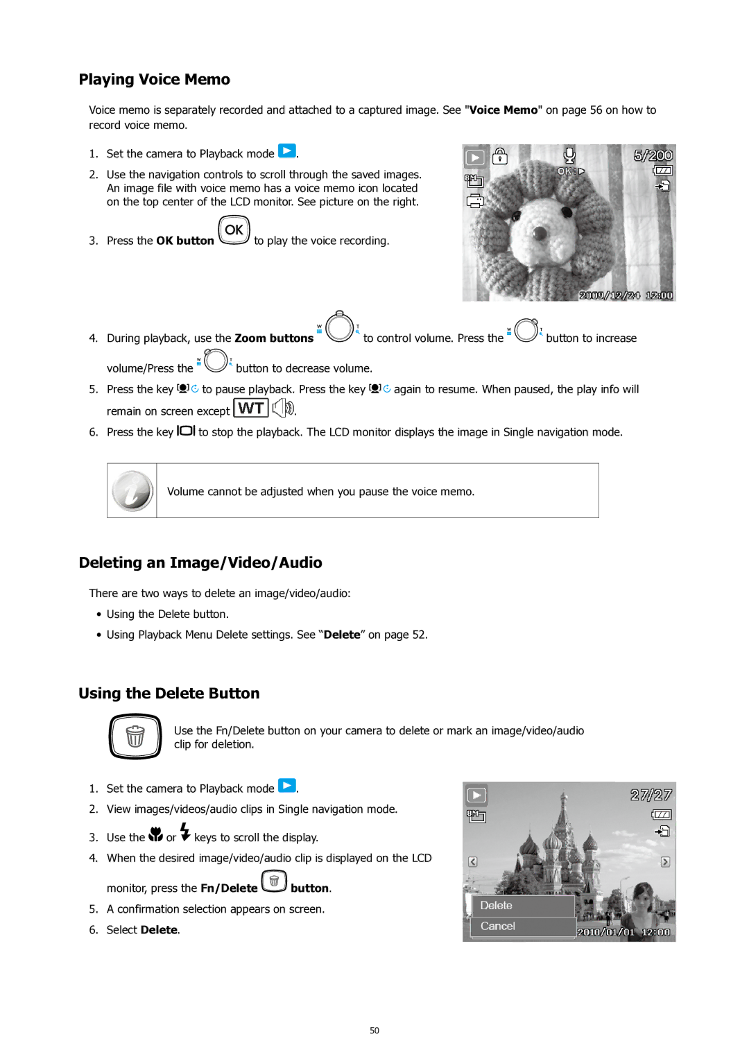 HP SW450 manual Playing Voice Memo, Deleting an Image/Video/Audio, Using the Delete Button 