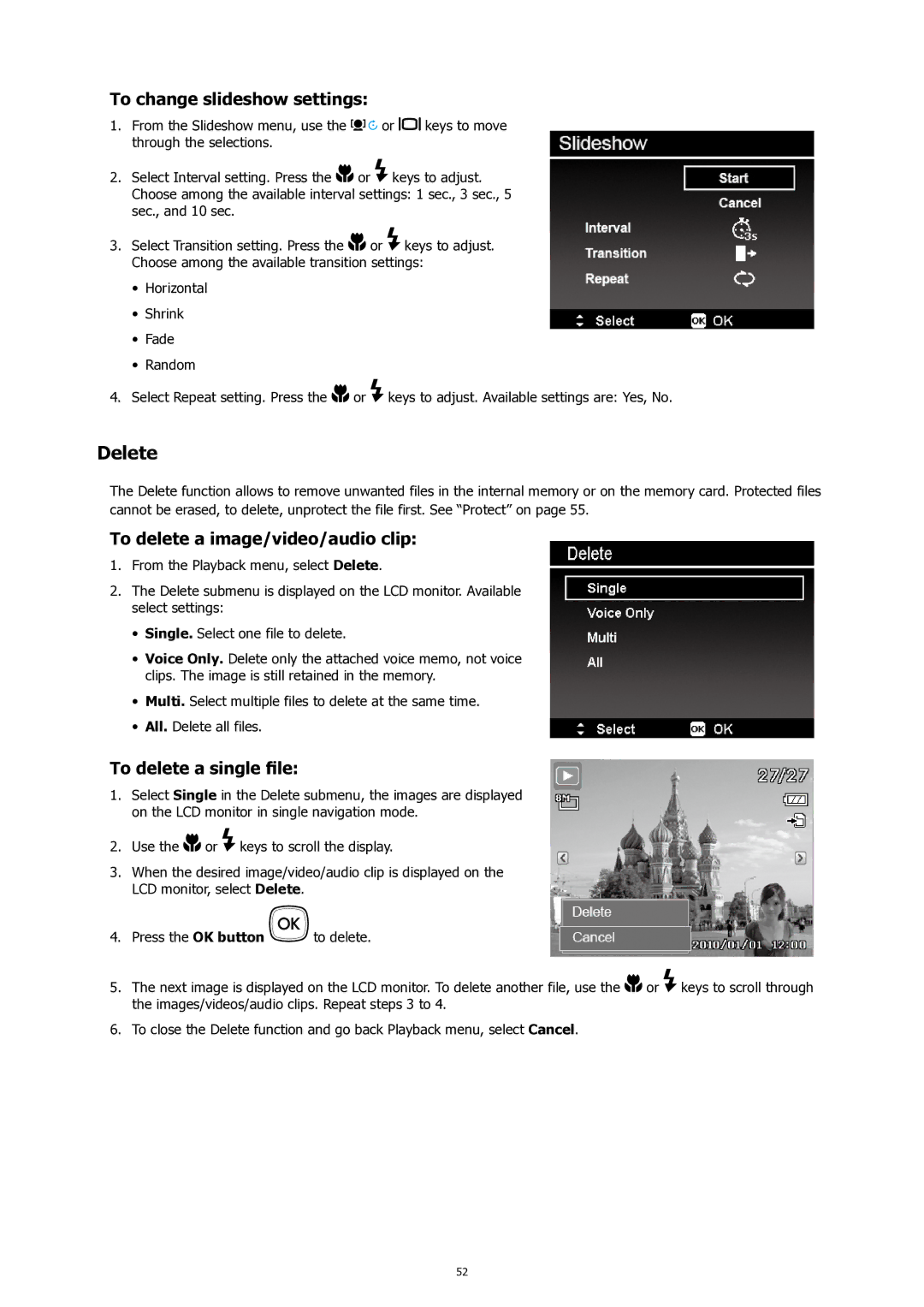 HP SW450 manual Delete, To change slideshow settings, To delete a image/video/audio clip, To delete a single file 