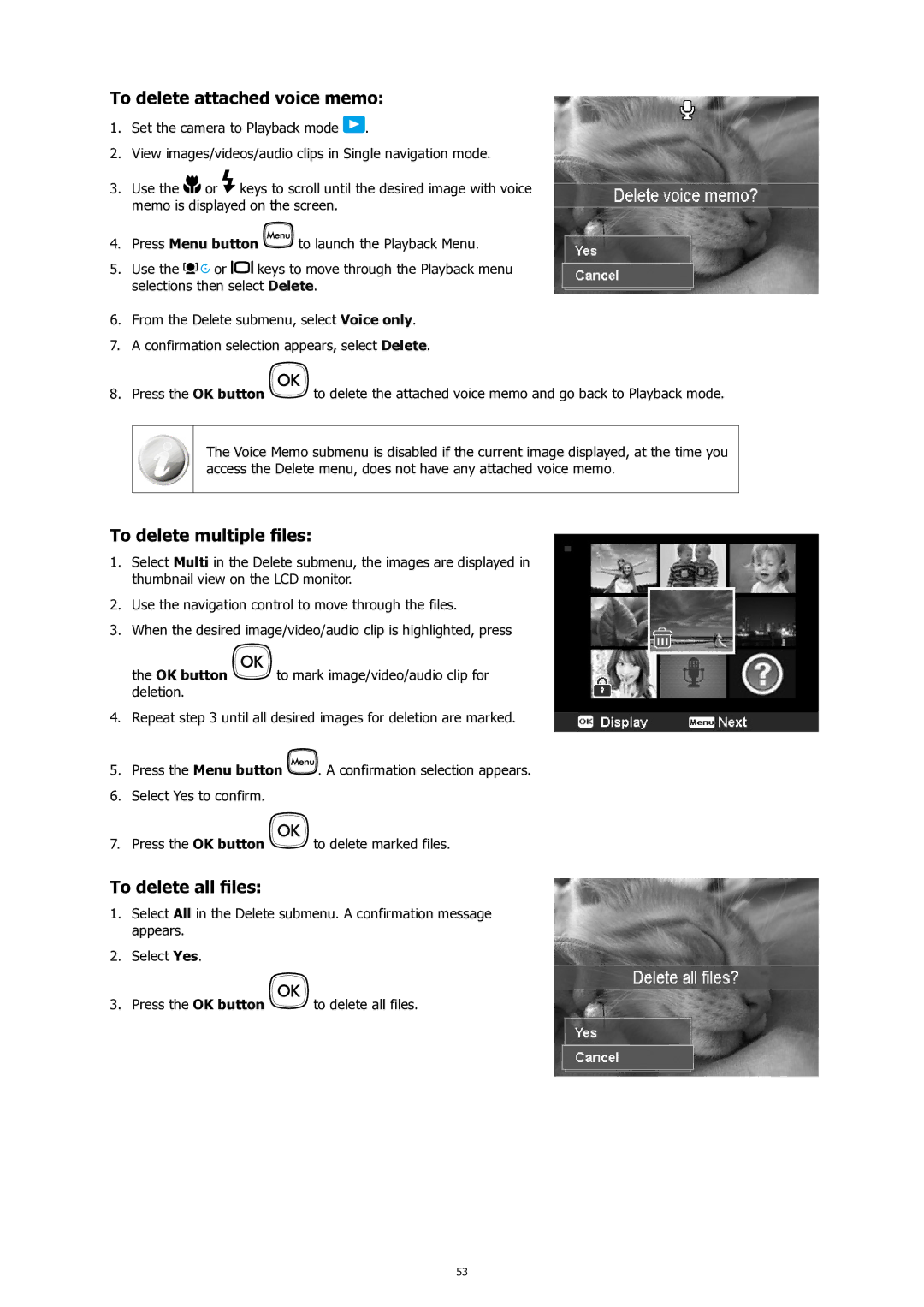 HP SW450 manual To delete attached voice memo, To delete multiple files, To delete all files 