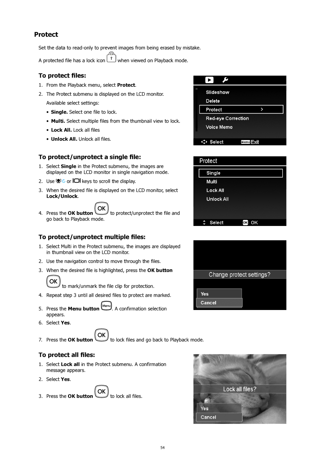 HP SW450 manual Protect, To protect files, To protect/unprotect a single file, To protect/unprotect multiple files 