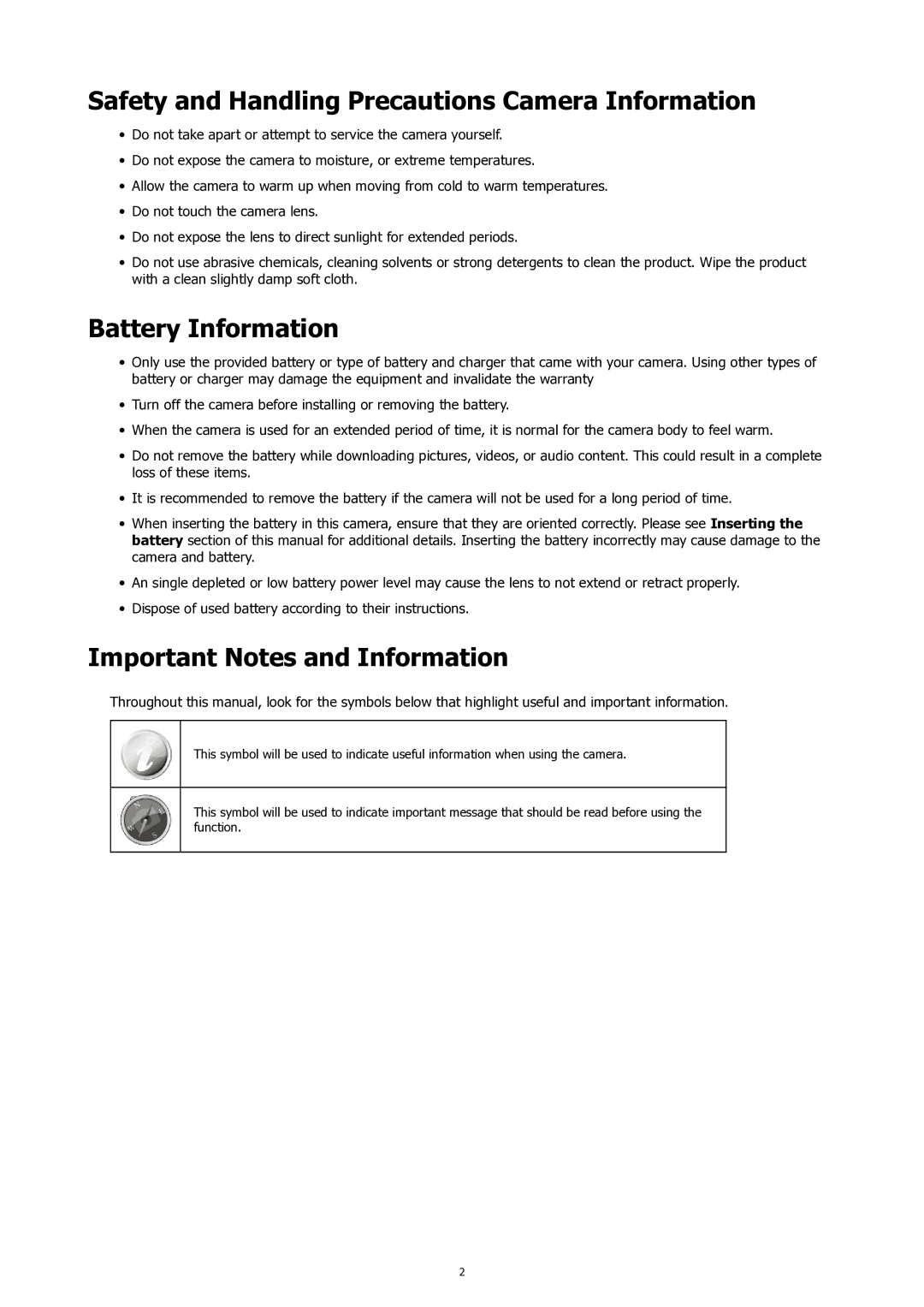 HP SW450 manual Safety and Handling Precautions Camera Information, Battery Information, Important Notes and Information 