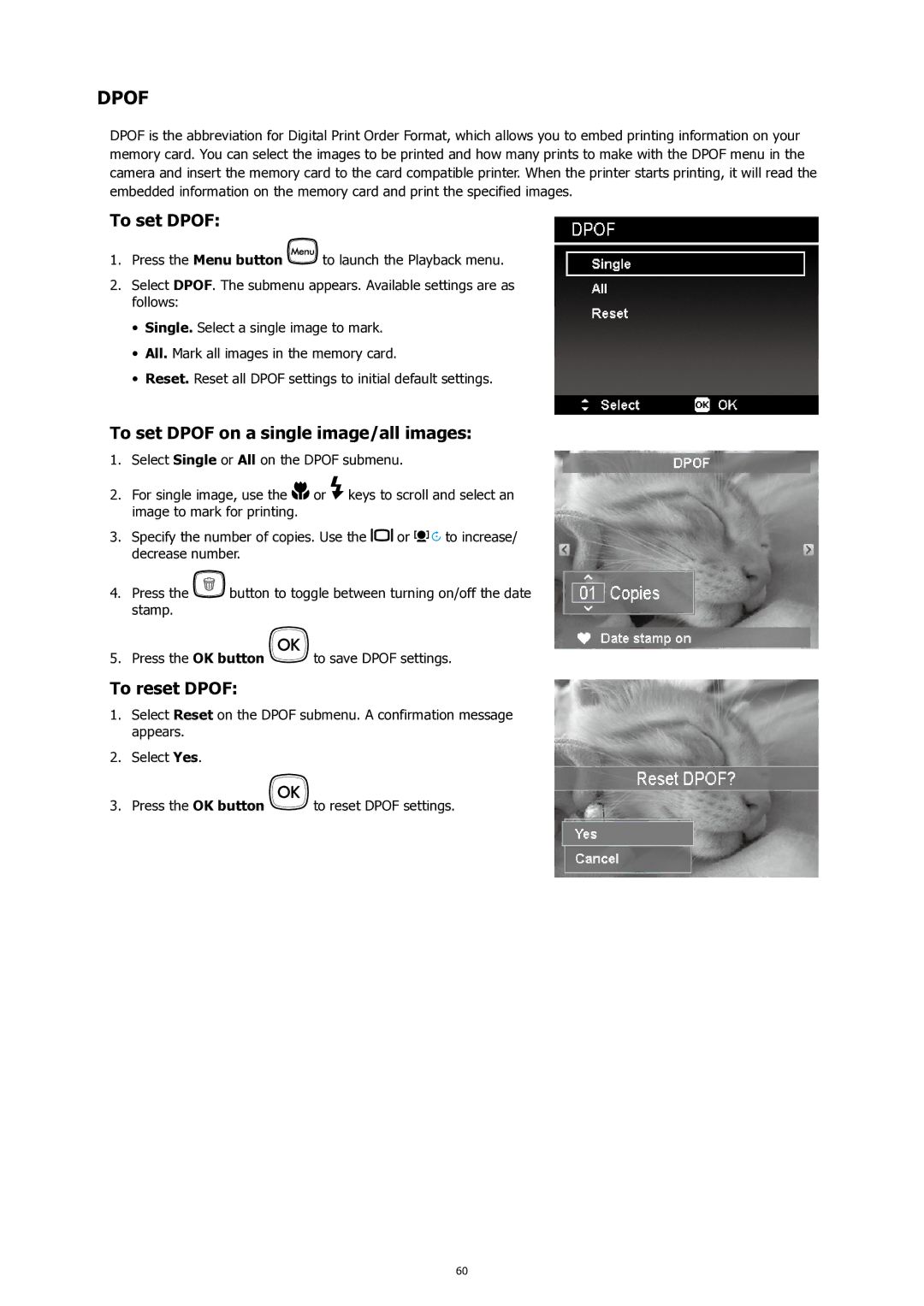 HP SW450 manual To set Dpof on a single image/all images, To reset Dpof 