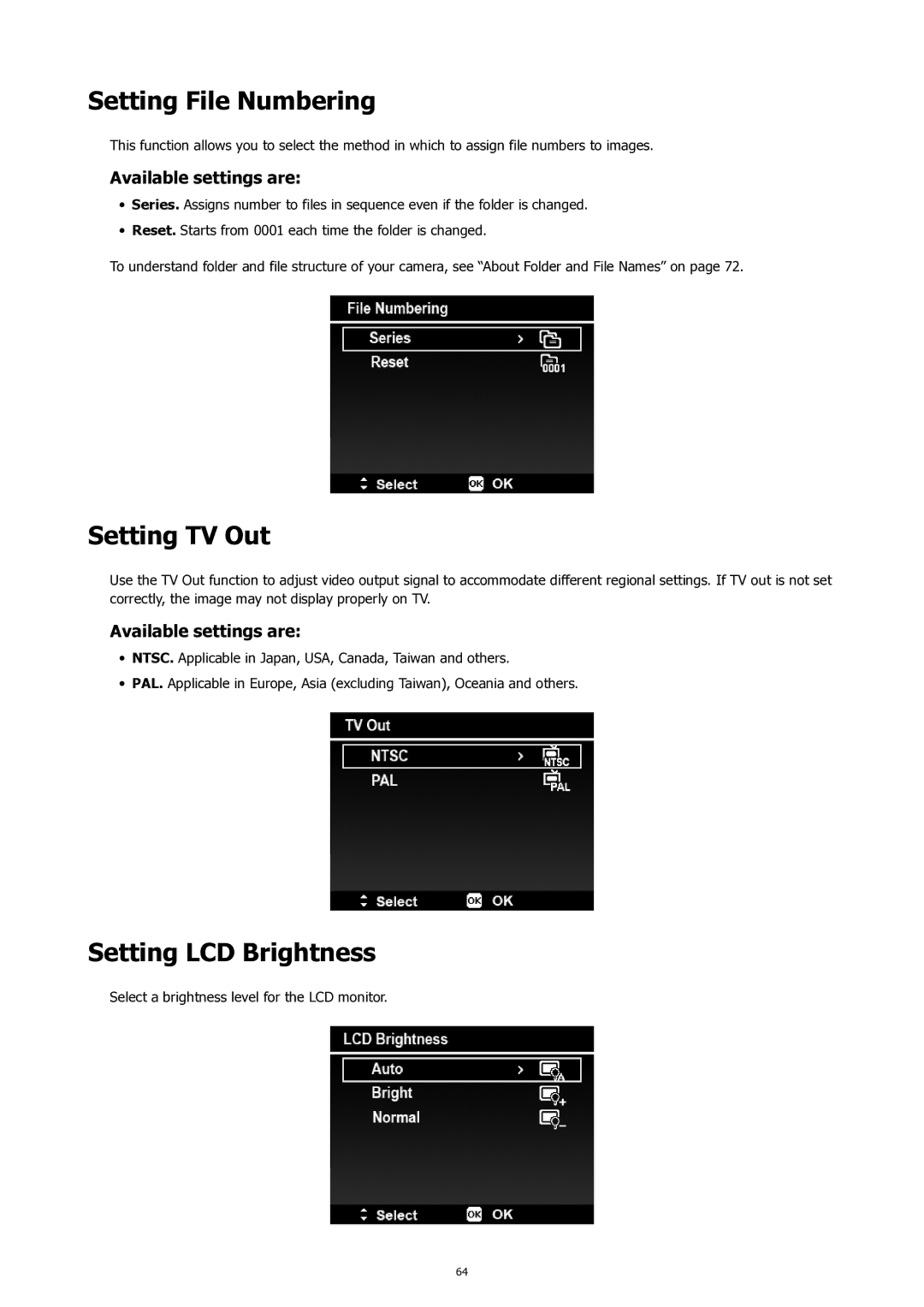 HP SW450 manual Setting File Numbering, Setting TV Out, Setting LCD Brightness, Available settings are 