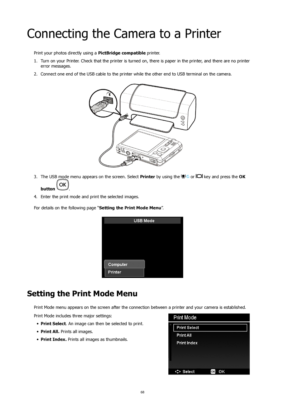 HP SW450 manual Connecting the Camera to a Printer, Setting the Print Mode Menu 