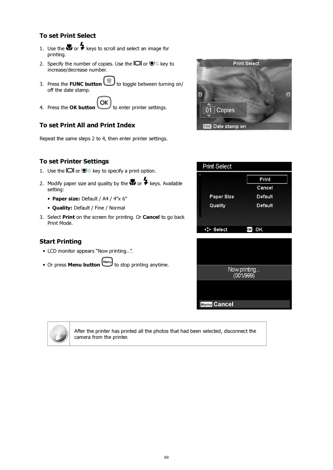 HP SW450 manual To set Print Select, To set Print All and Print Index, To set Printer Settings, Start Printing 