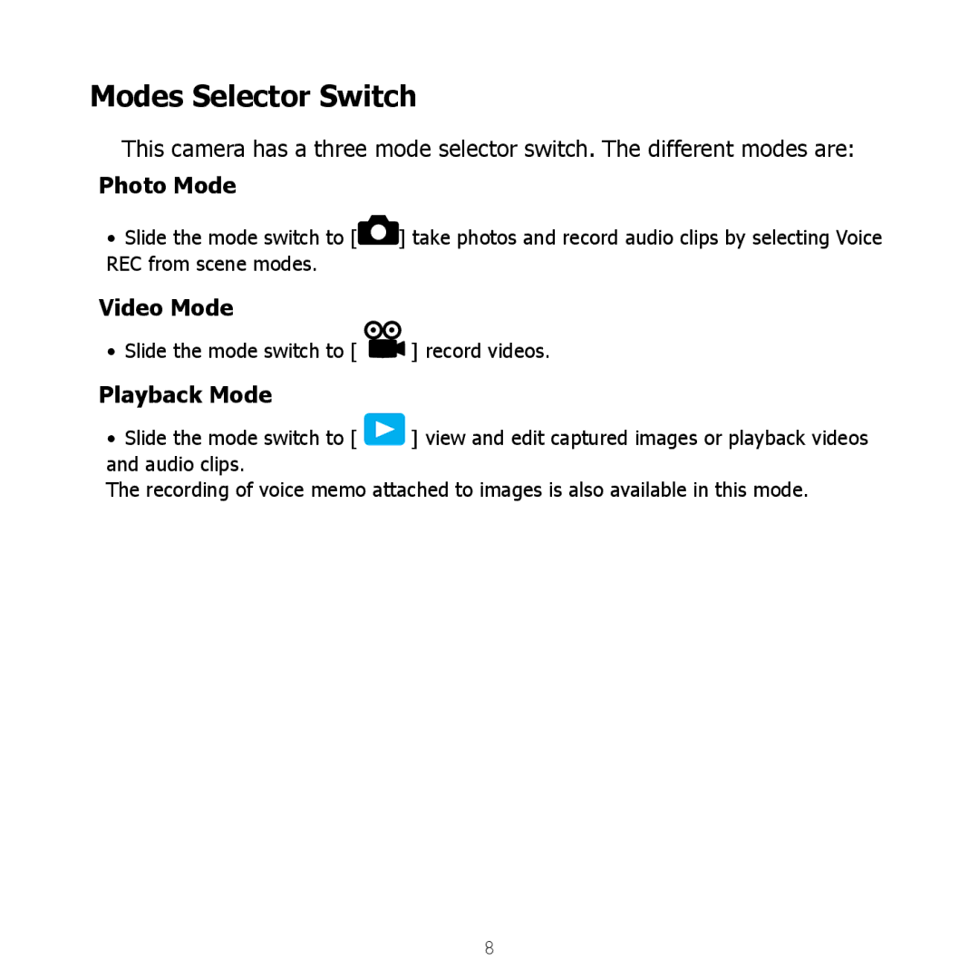 HP SW450 manual Modes Selector Switch, Photo Mode, Video Mode, Playback Mode 