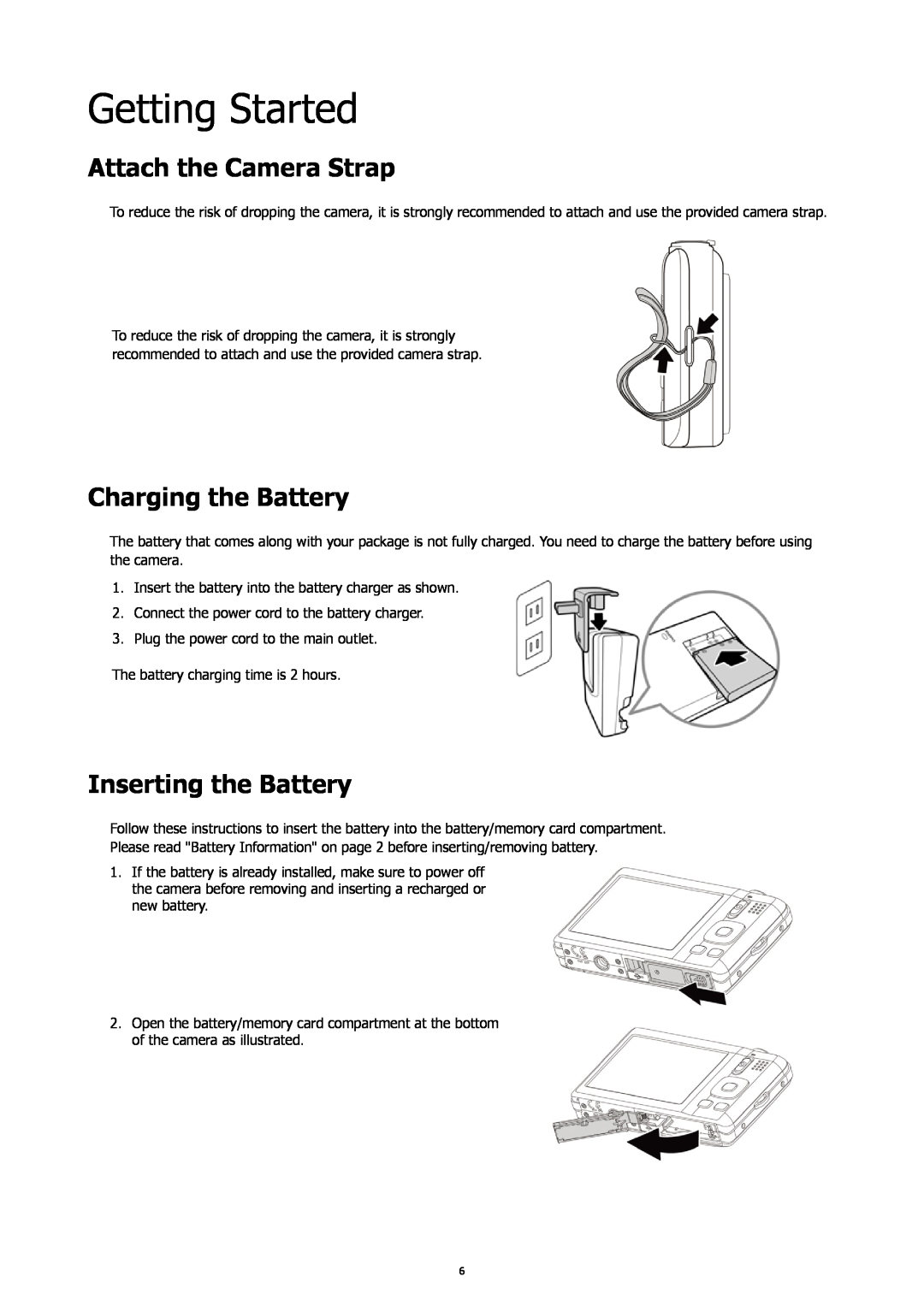 HP SW450 manual Getting Started, Attach the Camera Strap, Charging the Battery, Inserting the Battery 