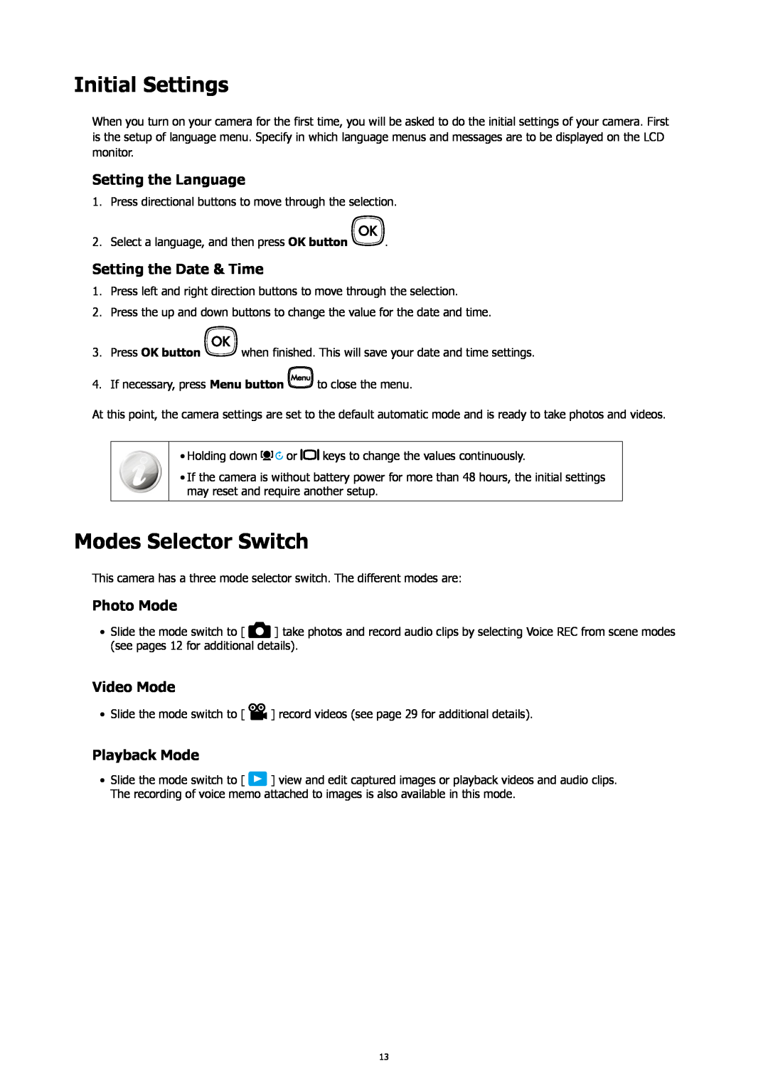HP SW450 Initial Settings, Modes Selector Switch, Setting the Language, Setting the Date & Time, Photo Mode, Video Mode 