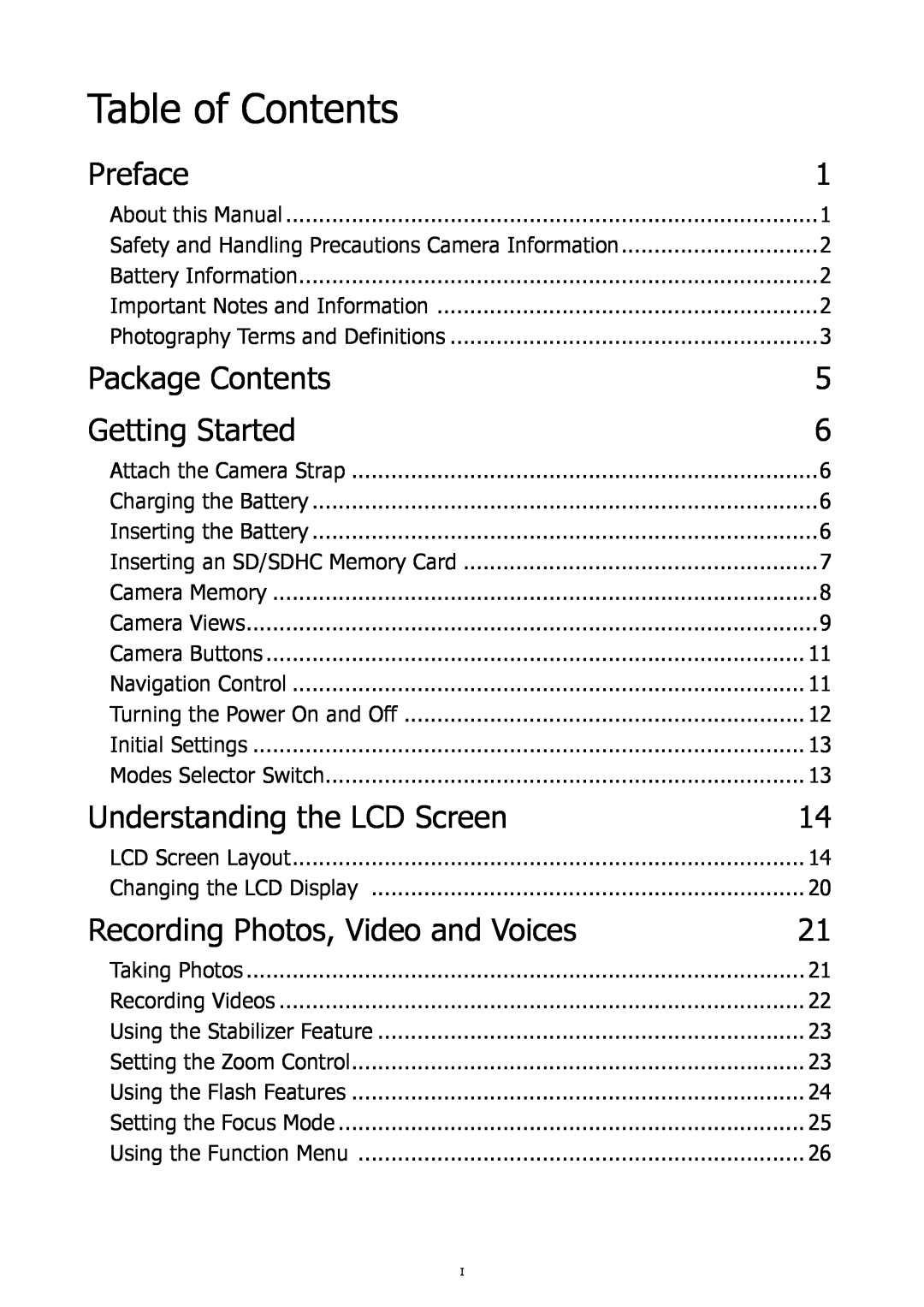 HP SW450 manual Table of Contents, Preface, Package Contents, Getting Started, Understanding the LCD Screen 