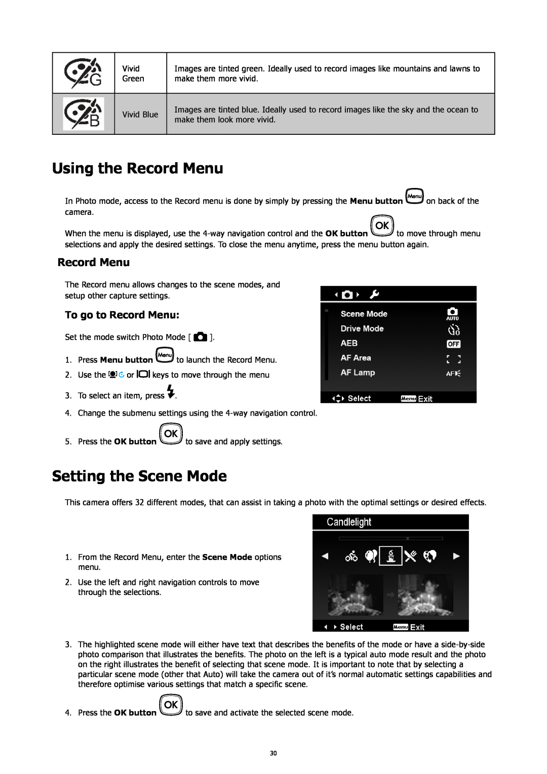 HP SW450 manual Using the Record Menu, Setting the Scene Mode, To go to Record Menu 