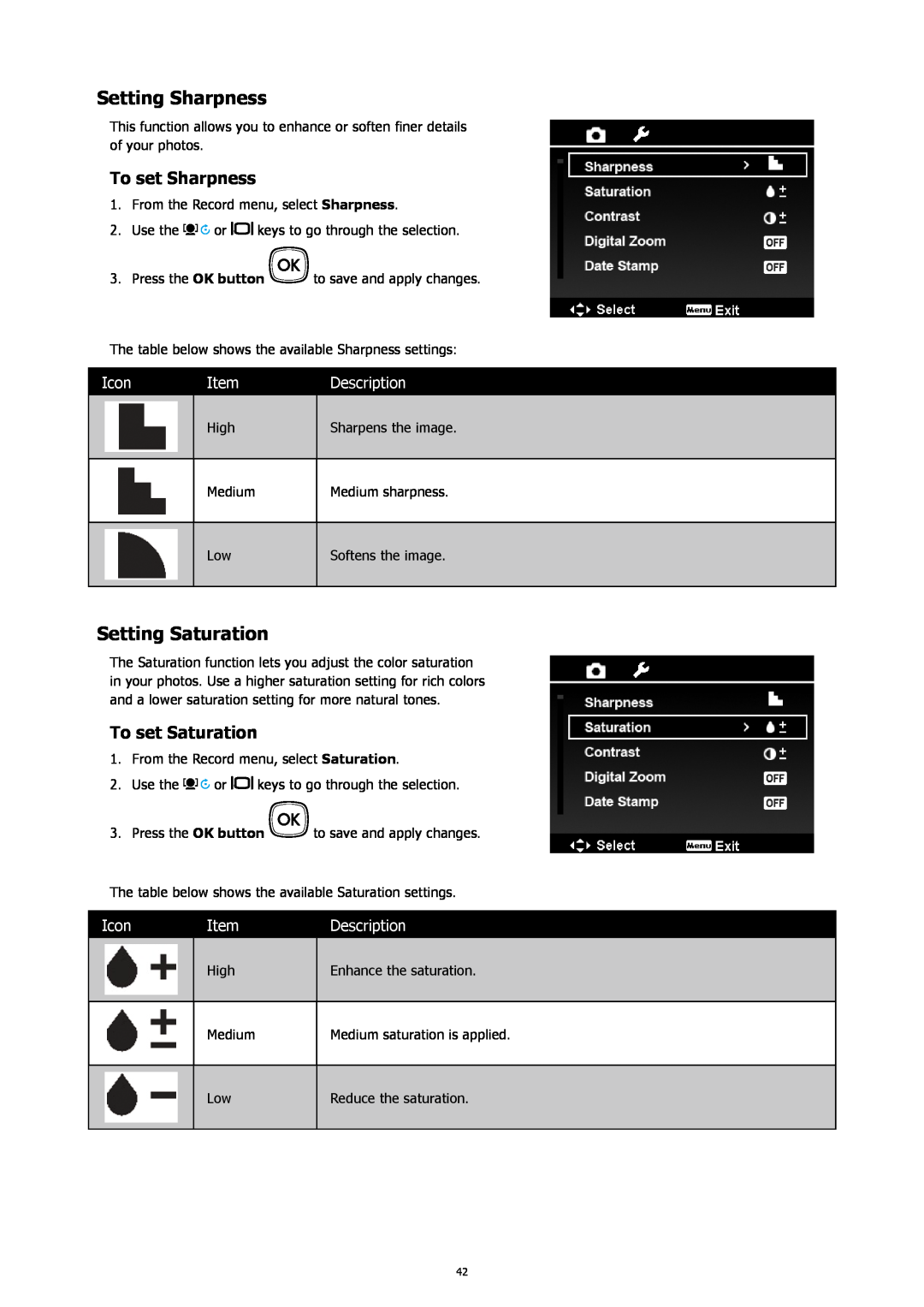HP SW450 manual Setting Sharpness, Setting Saturation, To set Sharpness, To set Saturation, Icon, Description 
