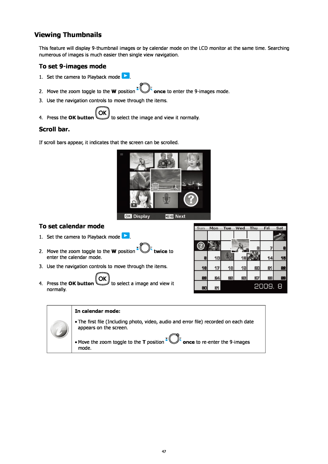 HP SW450 manual Viewing Thumbnails, To set 9-images mode, Scroll bar, To set calendar mode 
