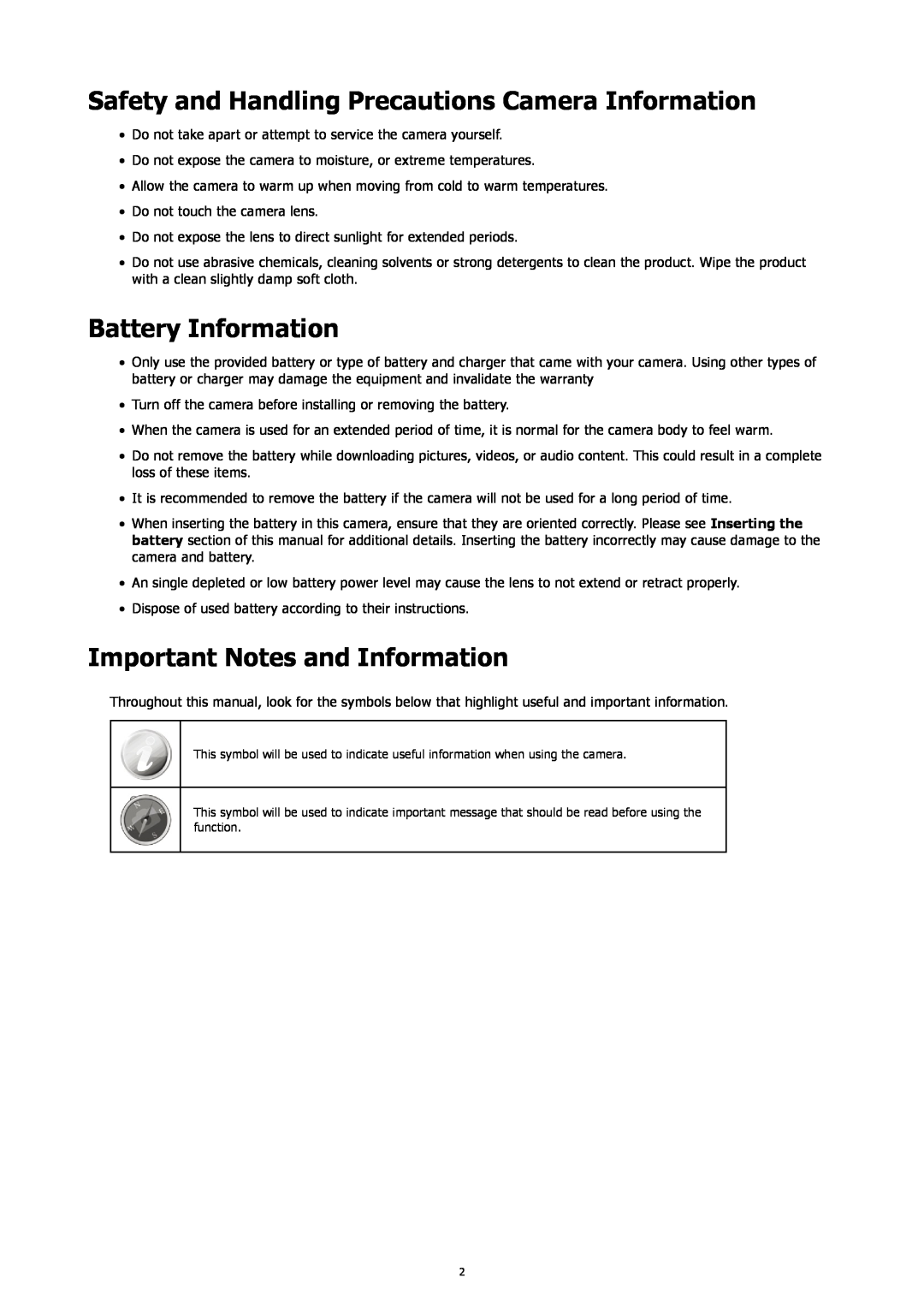 HP SW450 manual Safety and Handling Precautions Camera Information, Battery Information, Important Notes and Information 