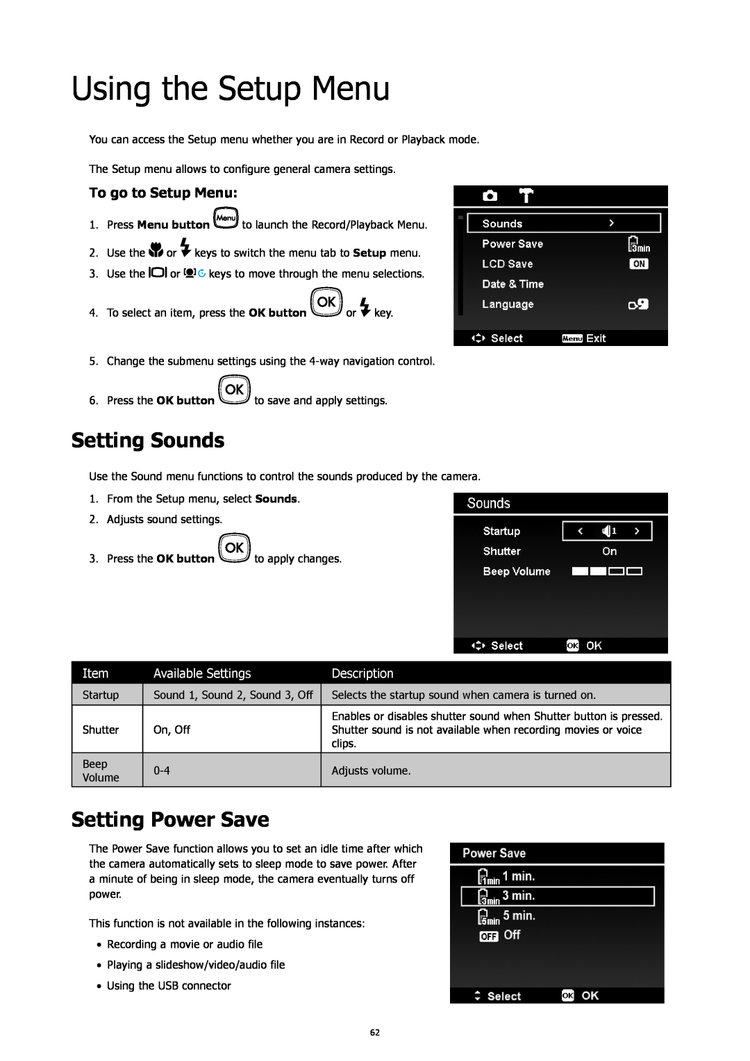 HP SW450 Using the Setup Menu, Setting Sounds, Setting Power Save, To go to Setup Menu, Available Settings, Description 