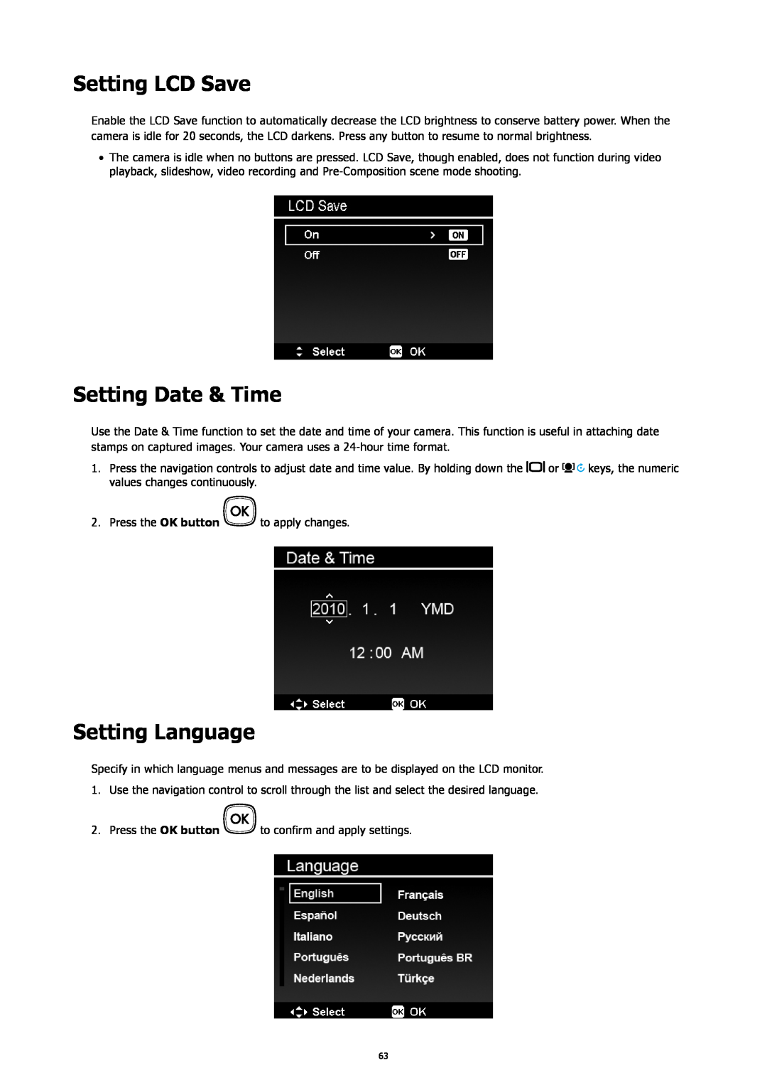 HP SW450 manual Setting LCD Save, Setting Date & Time, Setting Language 