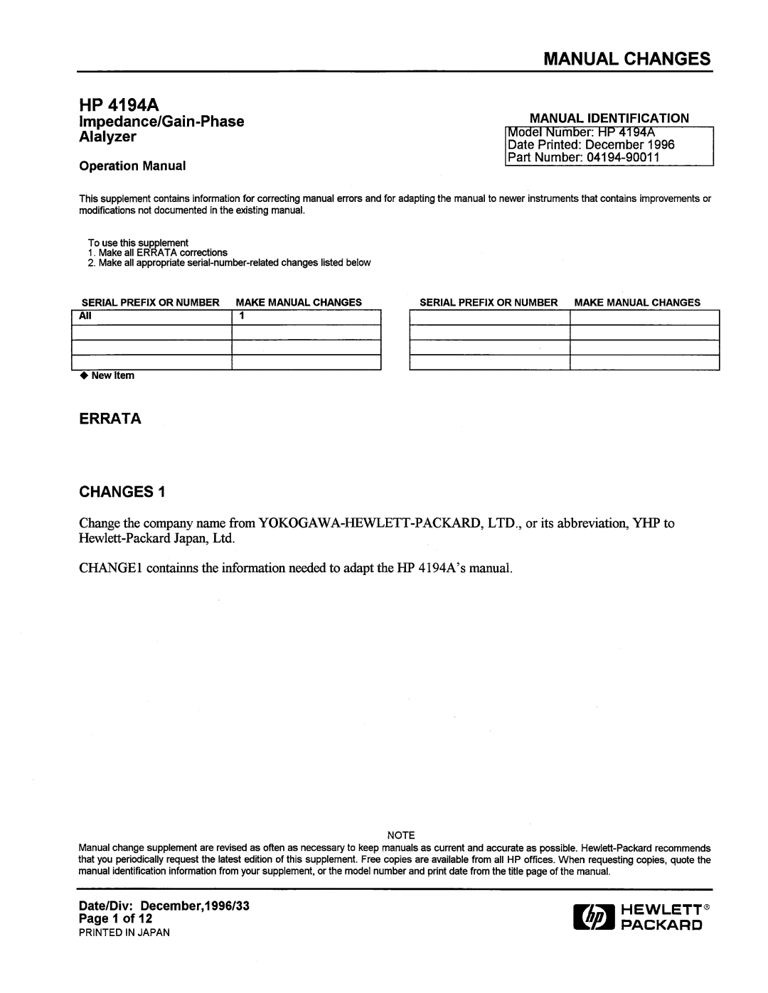 HP Swimming Pool Gate Alarm Agilent 4194A manual 