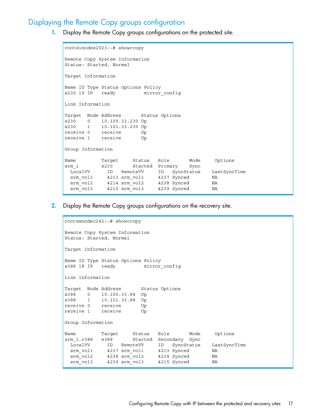 HP System Replication Adapter Software QL227 for VMware manual Displaying the Remote Copy groups configuration 