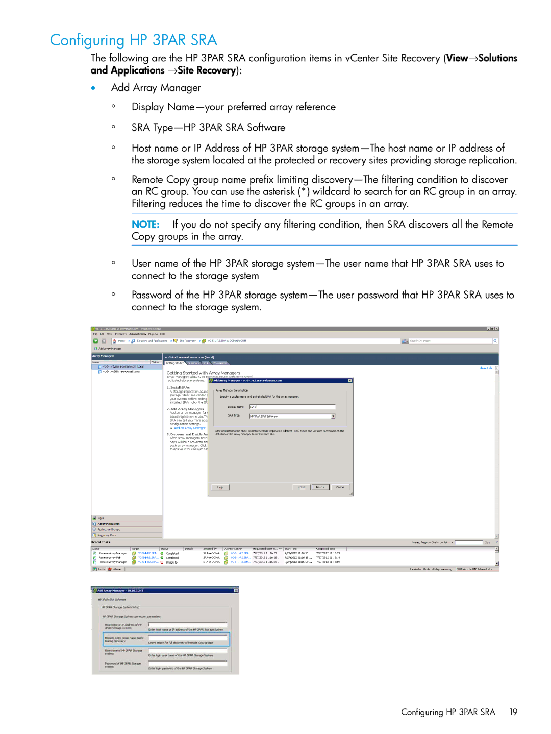 HP System Replication Adapter Software QL227 for VMware manual Configuring HP 3PAR SRA 