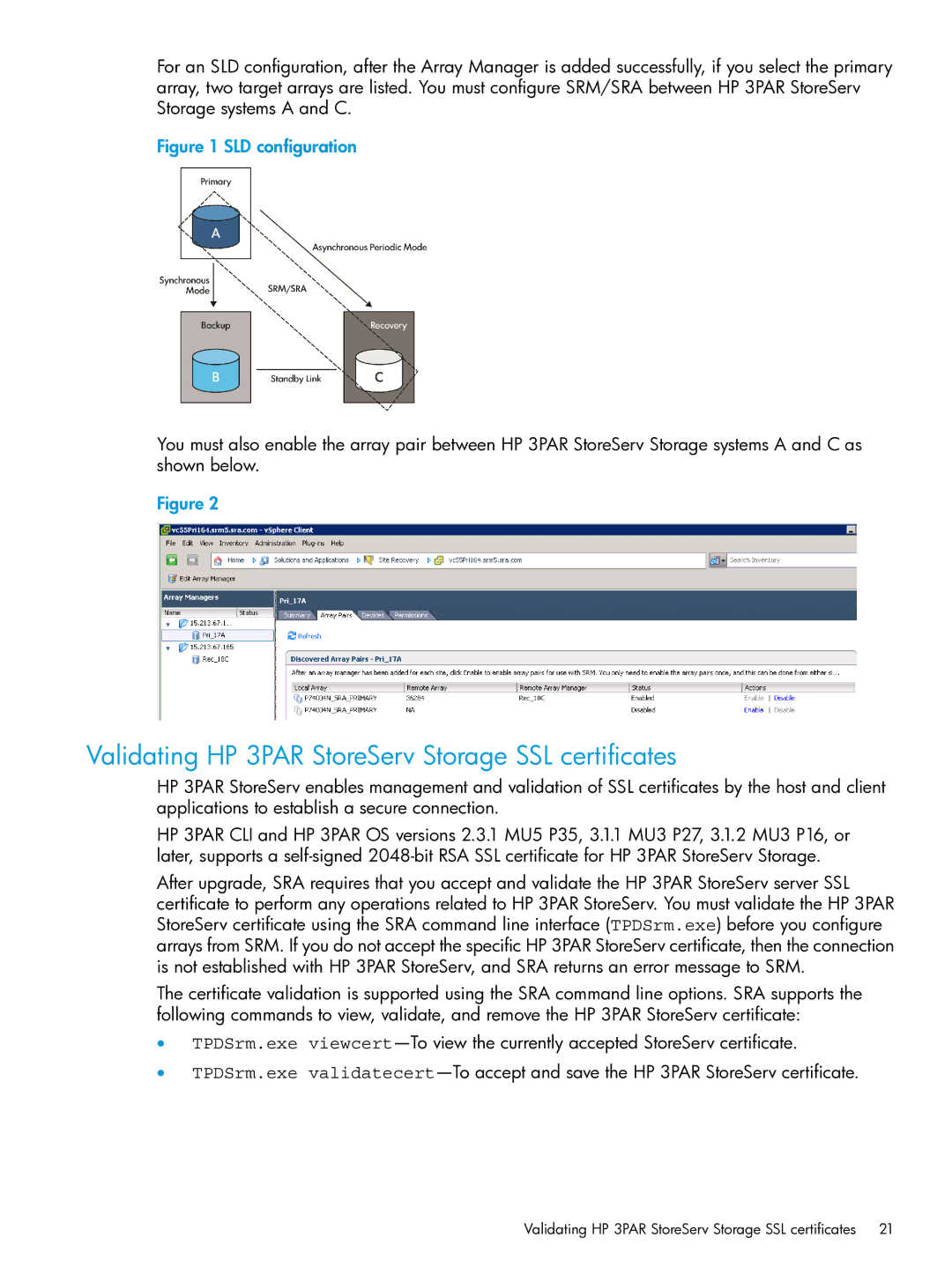 HP System Replication Adapter Software QL227 for VMware manual Validating HP 3PAR StoreServ Storage SSL certificates 