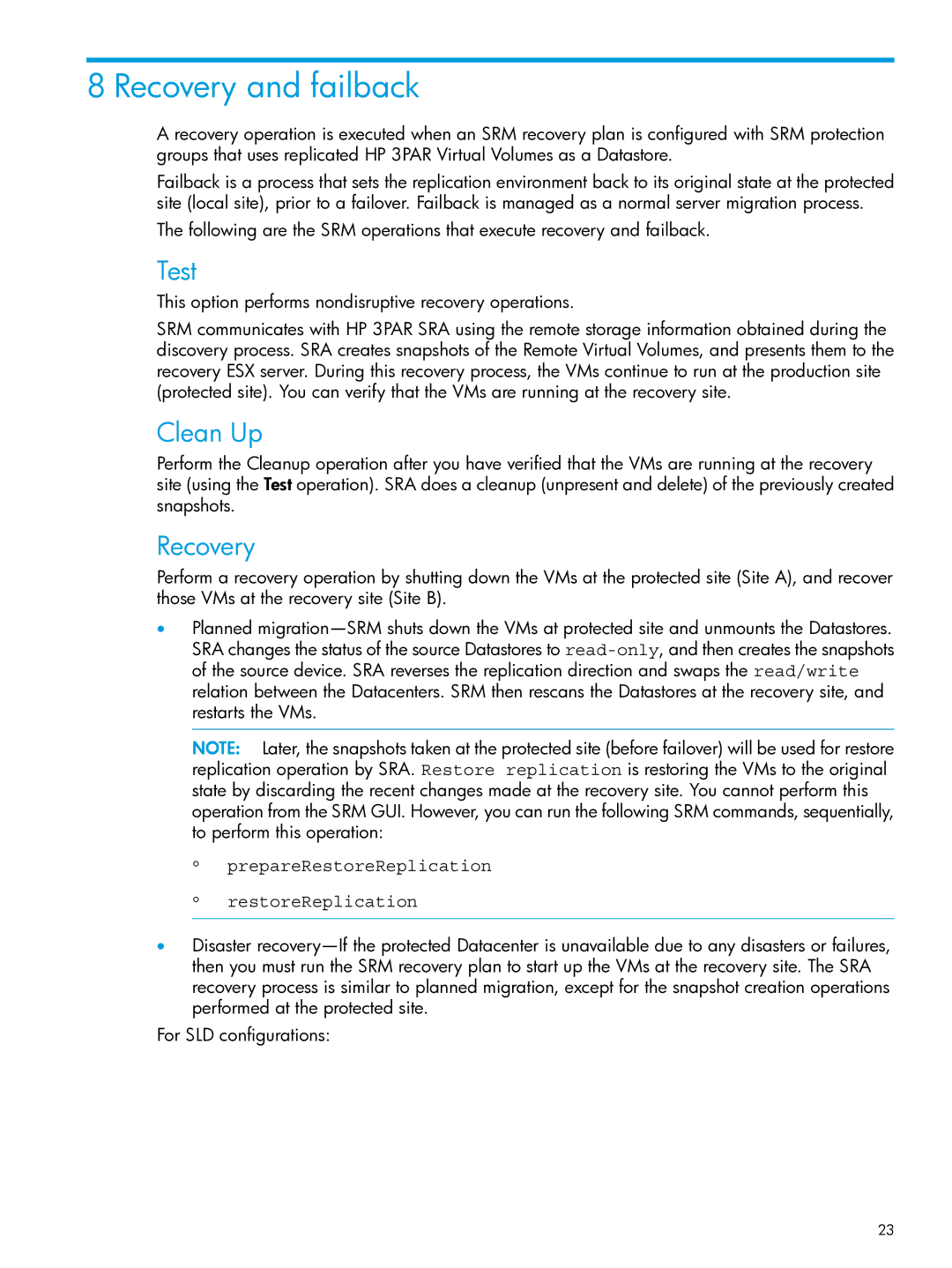 HP System Replication Adapter Software QL227 for VMware manual Recovery and failback, Test, Clean Up 