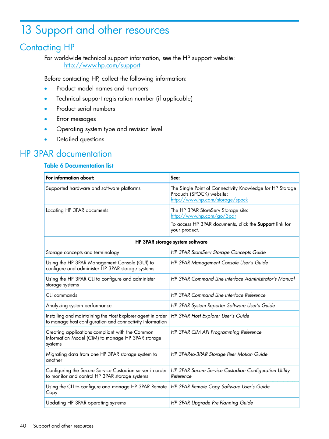 HP System Replication Adapter Software QL227 for VMware Support and other resources, Contacting HP, HP 3PAR documentation 