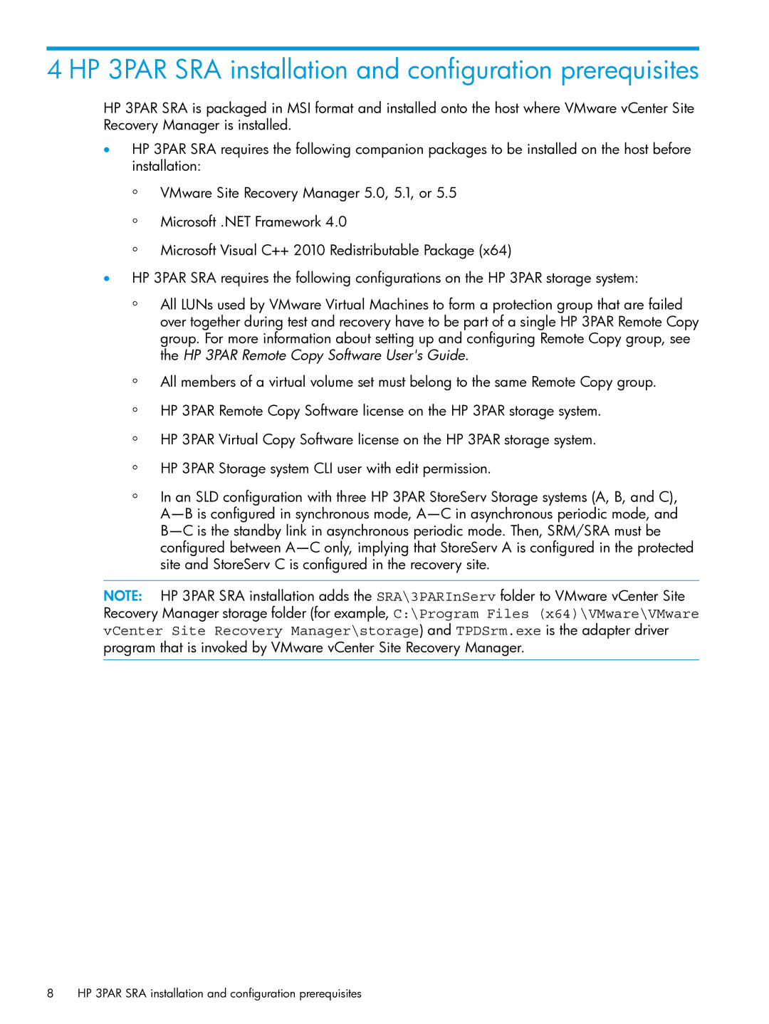 HP System Replication Adapter Software QL227 for VMware manual HP 3PAR SRA installation and configuration prerequisites 