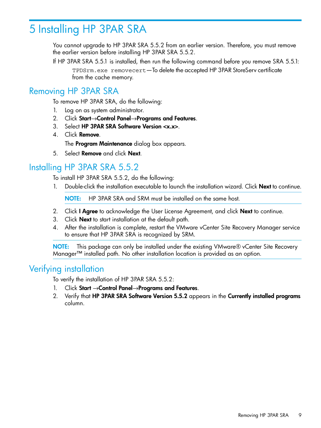 HP System Replication Adapter Software QL227 for VMware manual Installing HP 3PAR SRA, Removing HP 3PAR SRA 