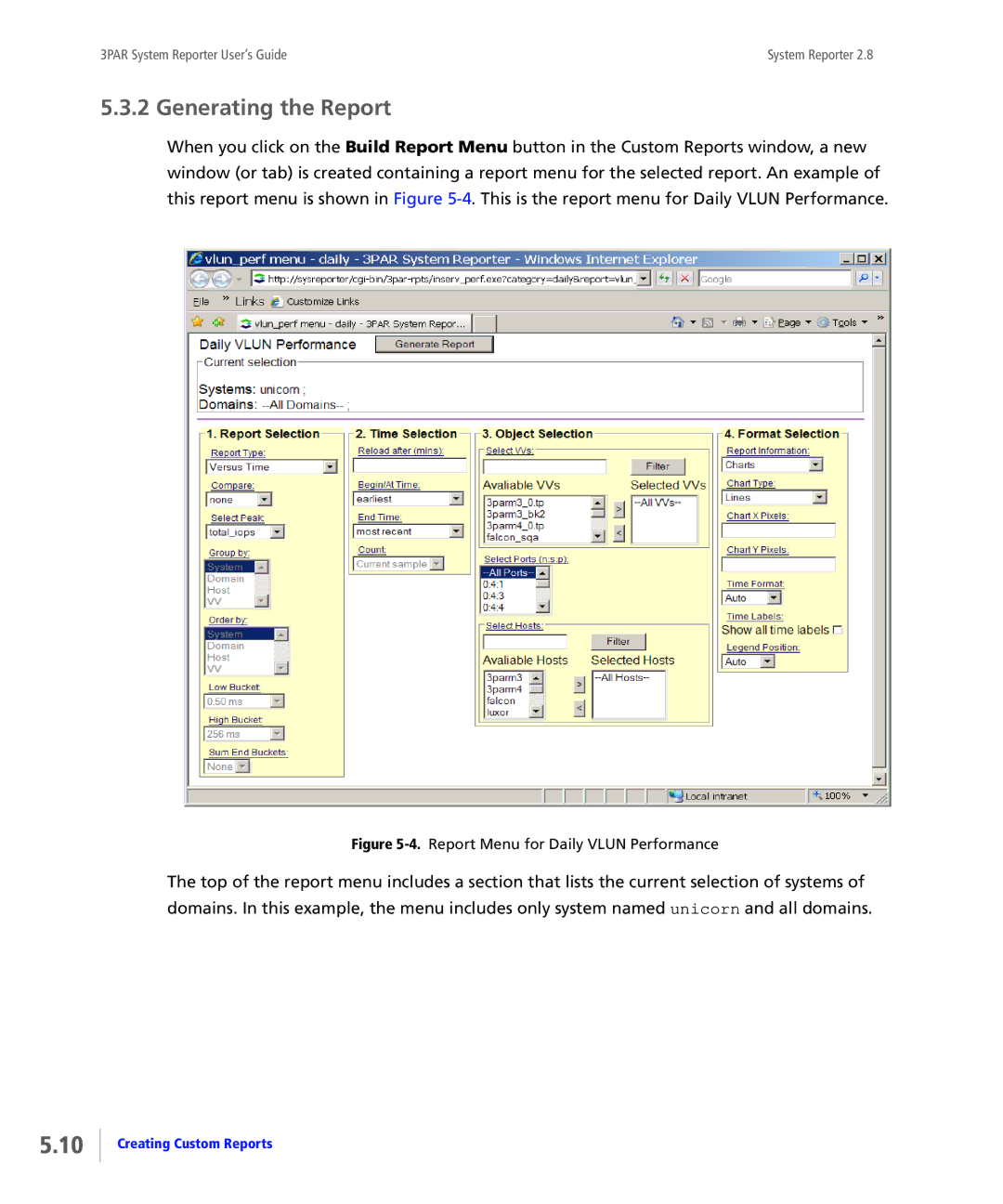 HP System Reporter E-Media Kit, System Reporter Media Kit Generating the Report, Report Menu for Daily Vlun Performance 