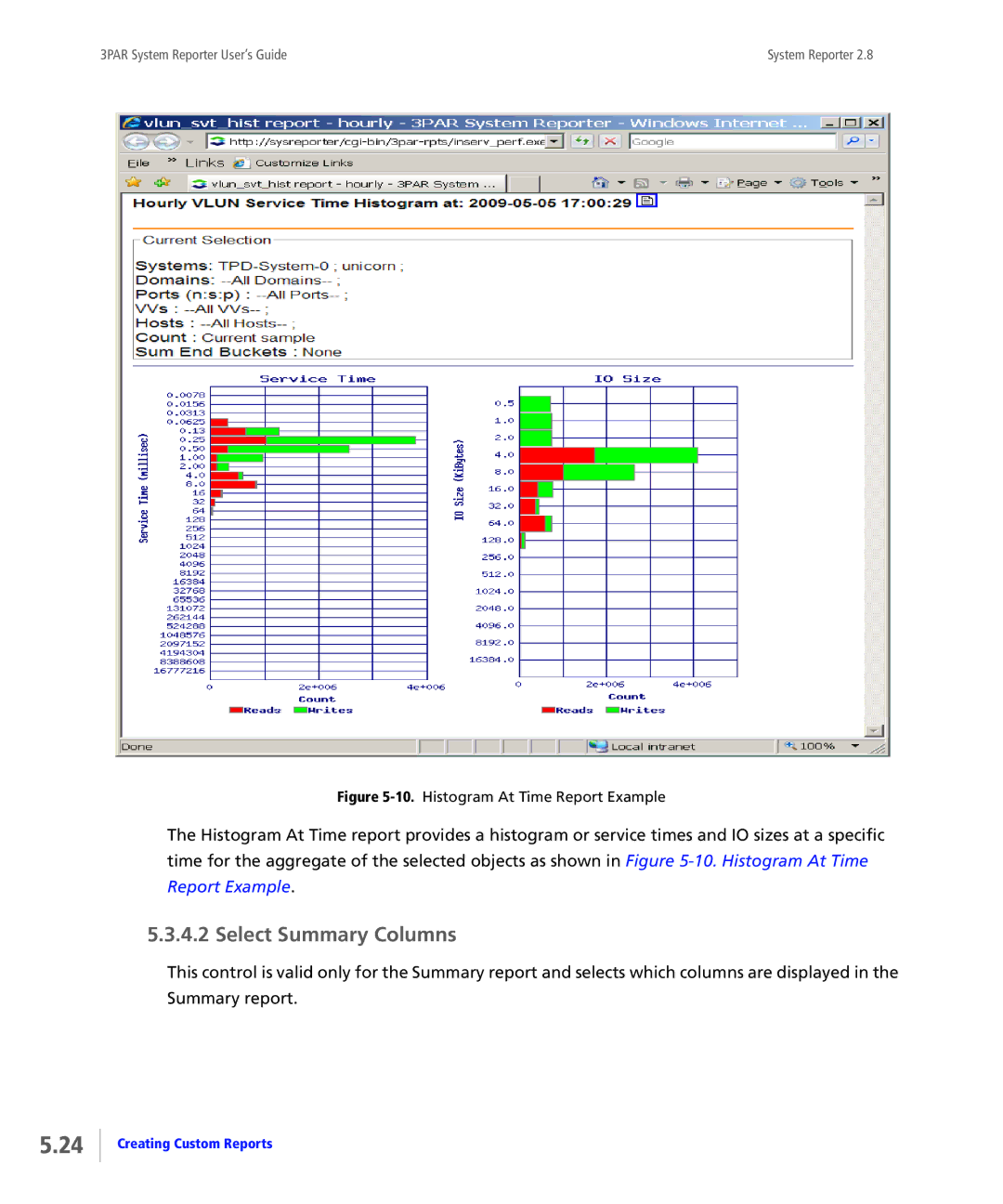 HP System Reporter E-Media Kit, System Reporter Media Kit manual Select Summary Columns, Histogram At Time Report Example 