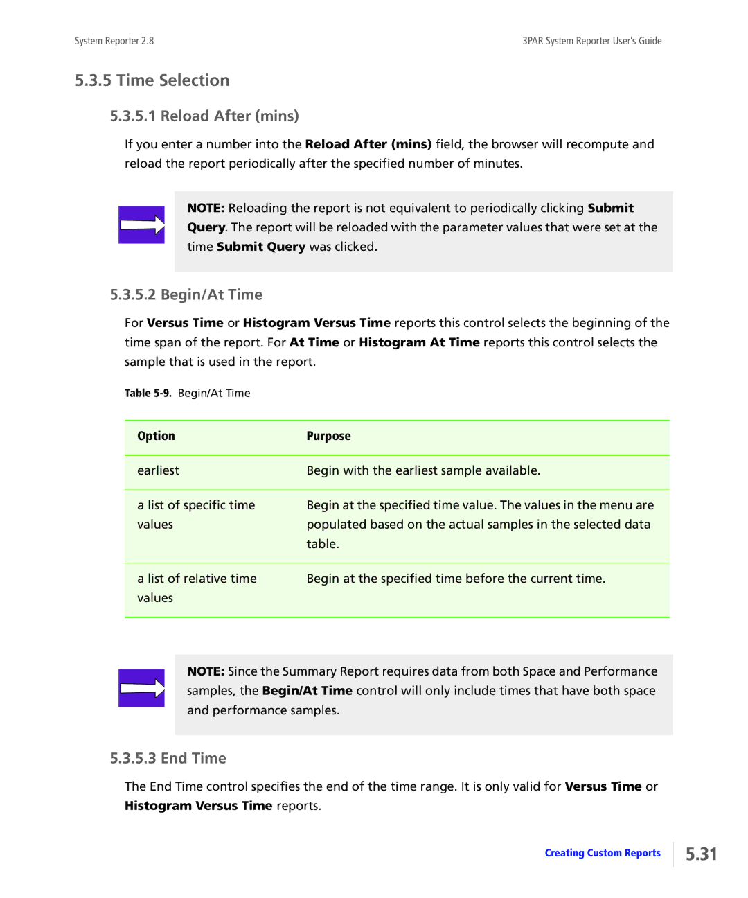 HP System Reporter Media Kit manual Time Selection, Reload After mins, Begin/At Time, End Time, OptionPurpose 