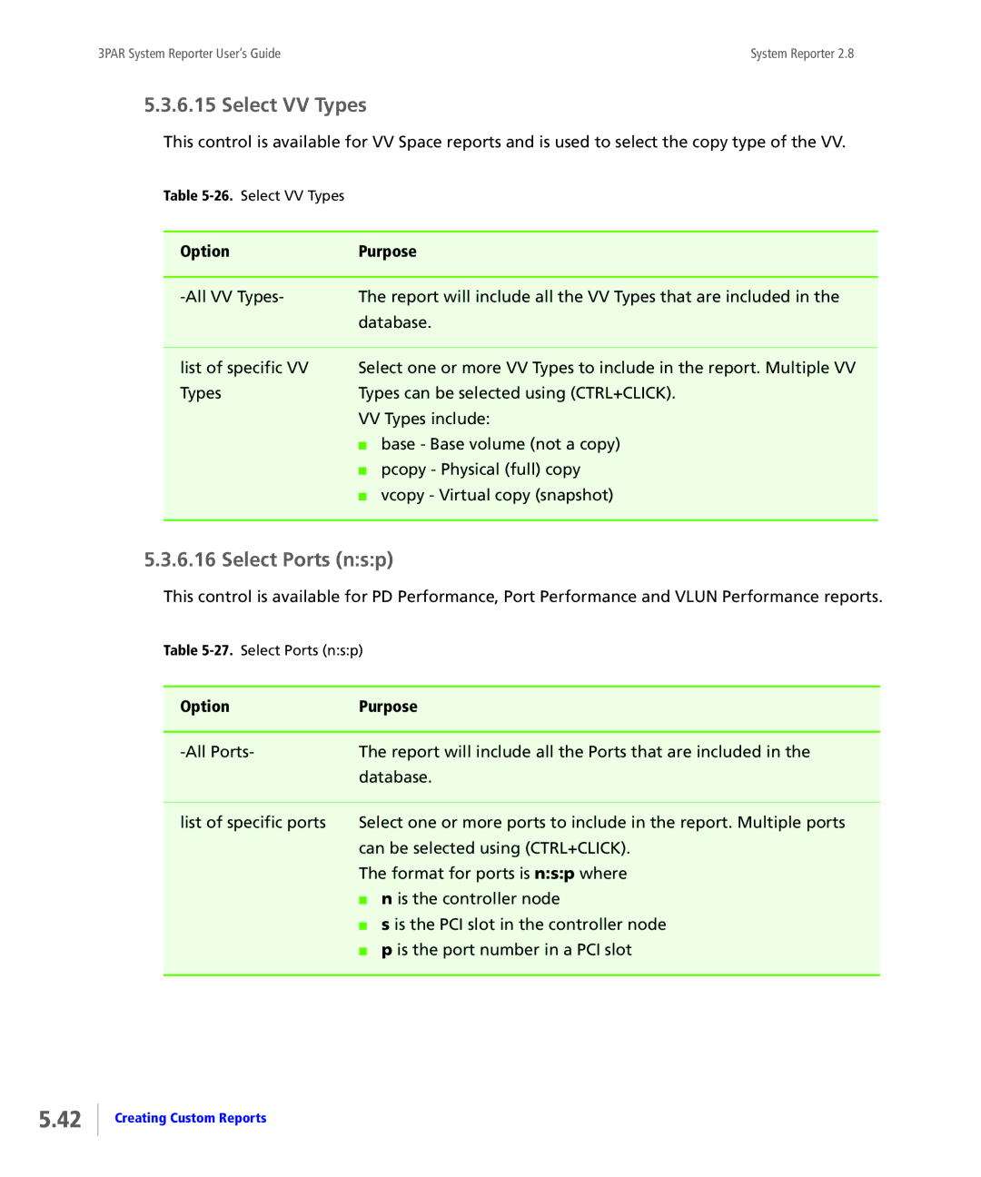 HP System Reporter E-Media Kit, System Reporter Media Kit manual Select VV Types, Select Ports nsp 