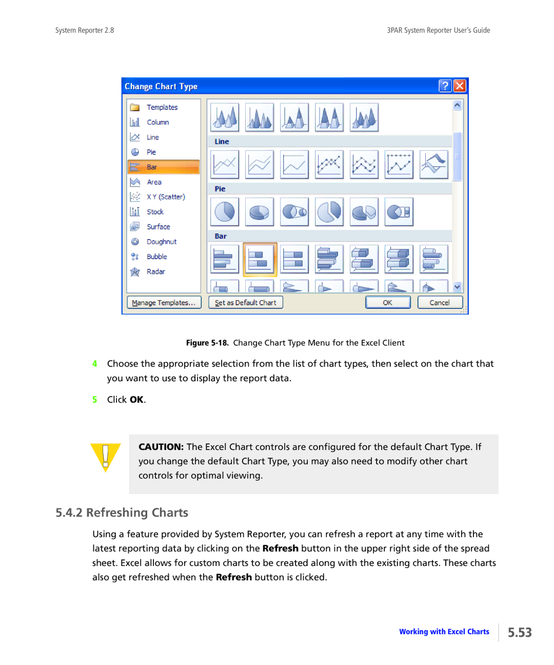 HP System Reporter Media Kit, System Reporter E-Media Kit Refreshing Charts, Change Chart Type Menu for the Excel Client 