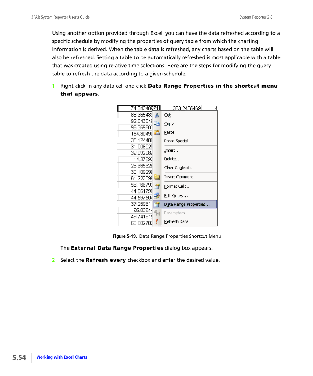 HP System Reporter E-Media Kit External Data Range Properties dialog box appears, Data Range Properties Shortcut Menu 