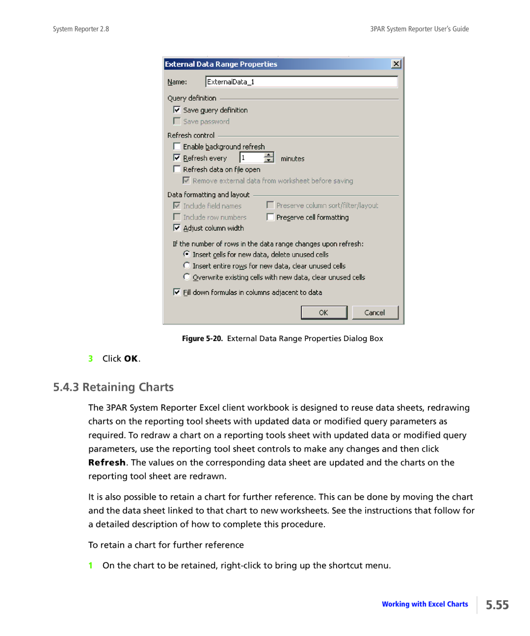 HP System Reporter Media Kit, System Reporter E-Media Kit manual Retaining Charts, External Data Range Properties Dialog Box 