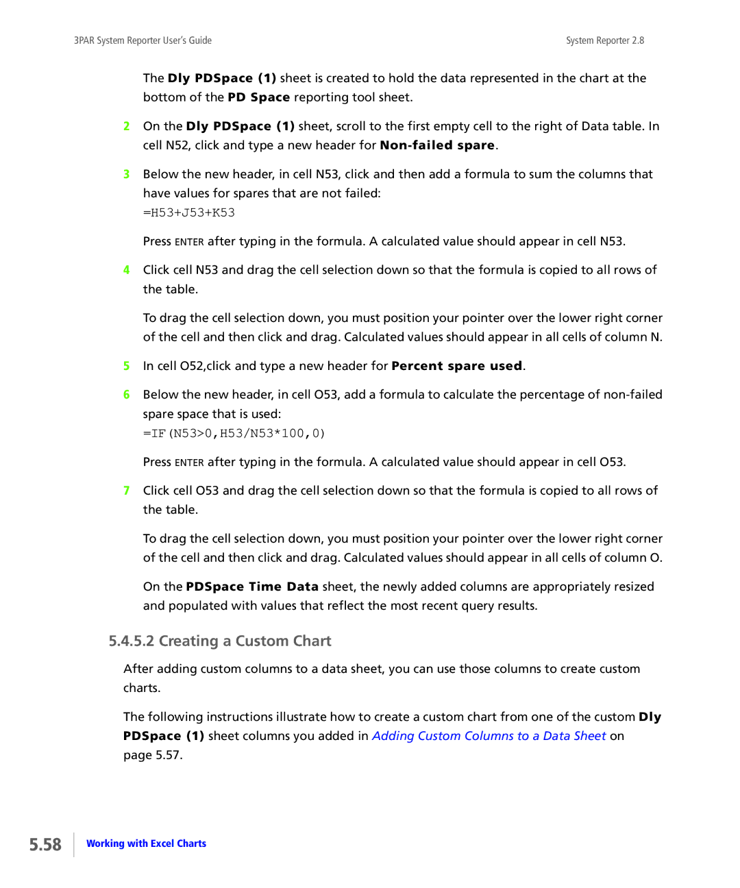 HP System Reporter E-Media Kit, System Reporter Media Kit Creating a Custom Chart, =H53+J53+K53, =IFN530,H53/N53*100,0 