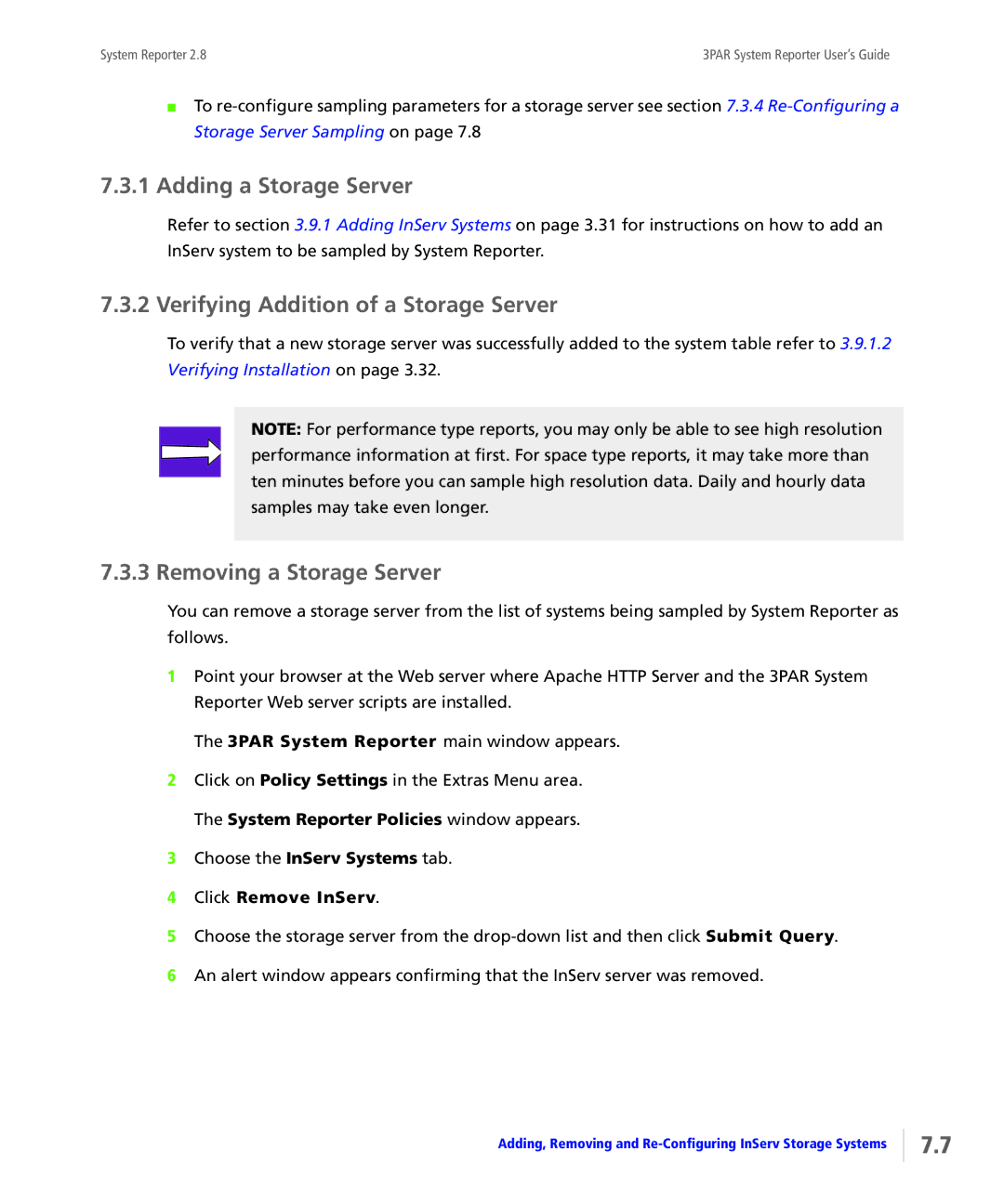 HP System Reporter Media Kit Adding a Storage Server, Verifying Addition of a Storage Server, Removing a Storage Server 