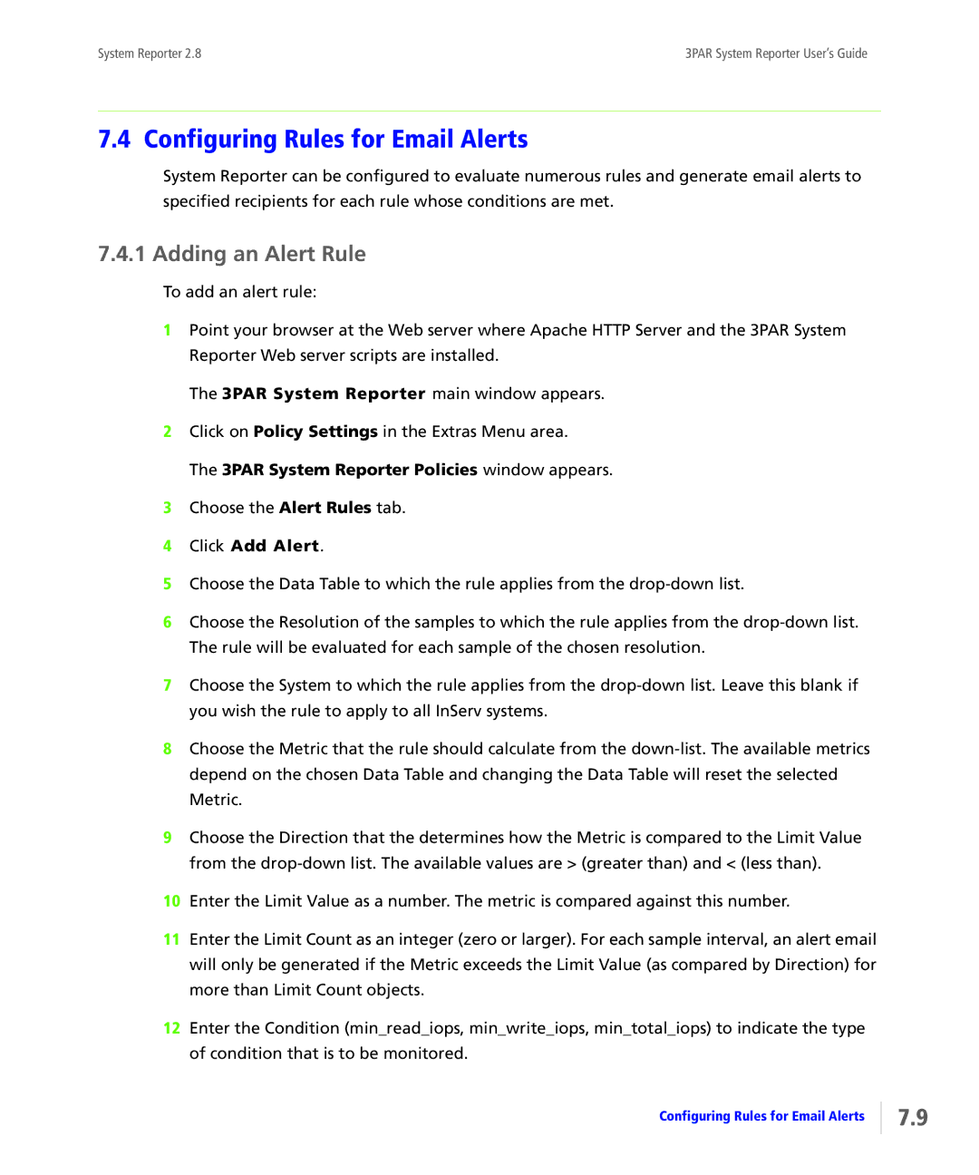 HP System Reporter Media Kit manual Configuring Rules for Email Alerts, Adding an Alert Rule, Click Add Alert 