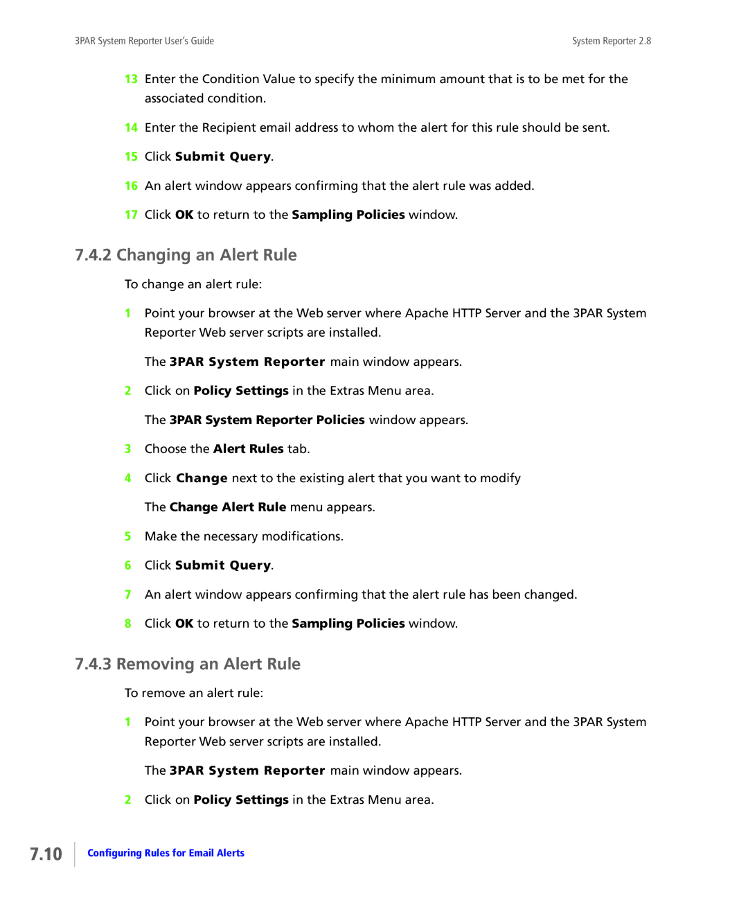 HP System Reporter E-Media Kit, System Reporter Media Kit manual Changing an Alert Rule, Removing an Alert Rule 