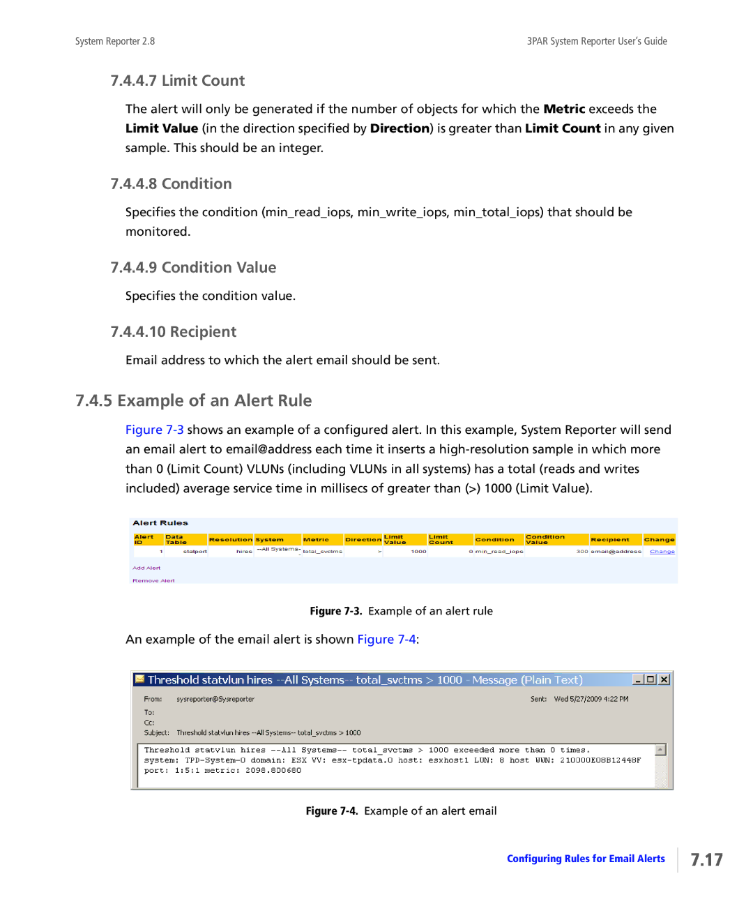 HP System Reporter Media Kit manual Example of an Alert Rule, Limit Count, Condition Value, Recipient 