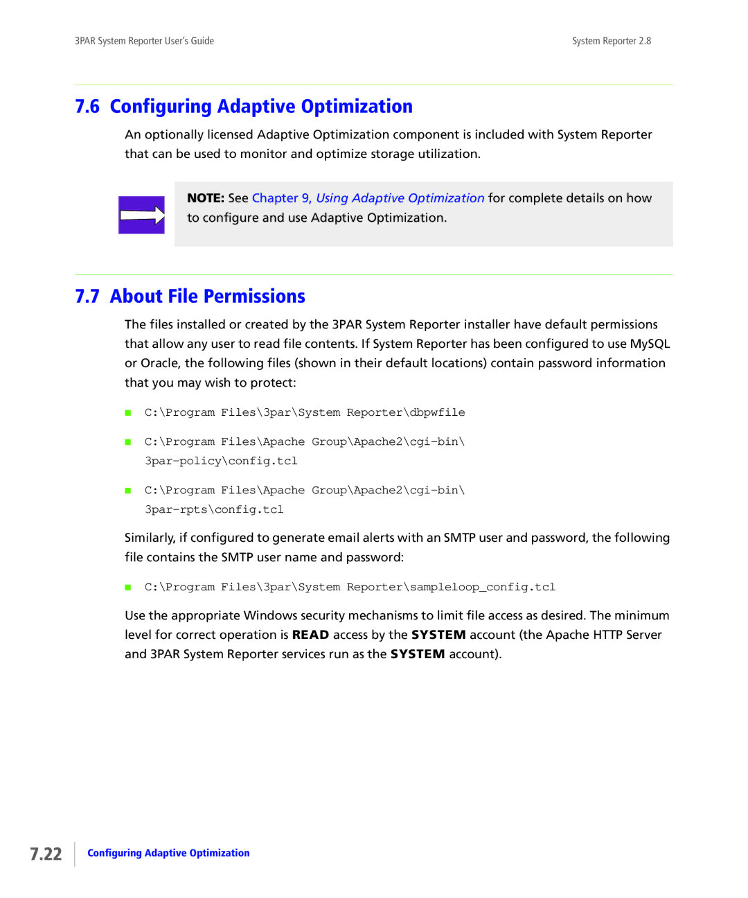 HP System Reporter E-Media Kit, System Reporter Media Kit manual Configuring Adaptive Optimization, About File Permissions 