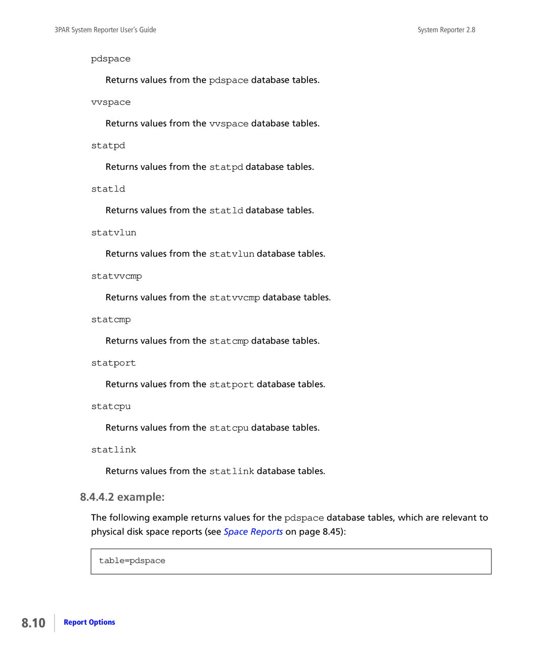 HP System Reporter E-Media Kit Pdspace, Vvspace, Statpd, Statld, Statvlun, Statvvcmp, Statcmp, Statport, Statcpu, Statlink 