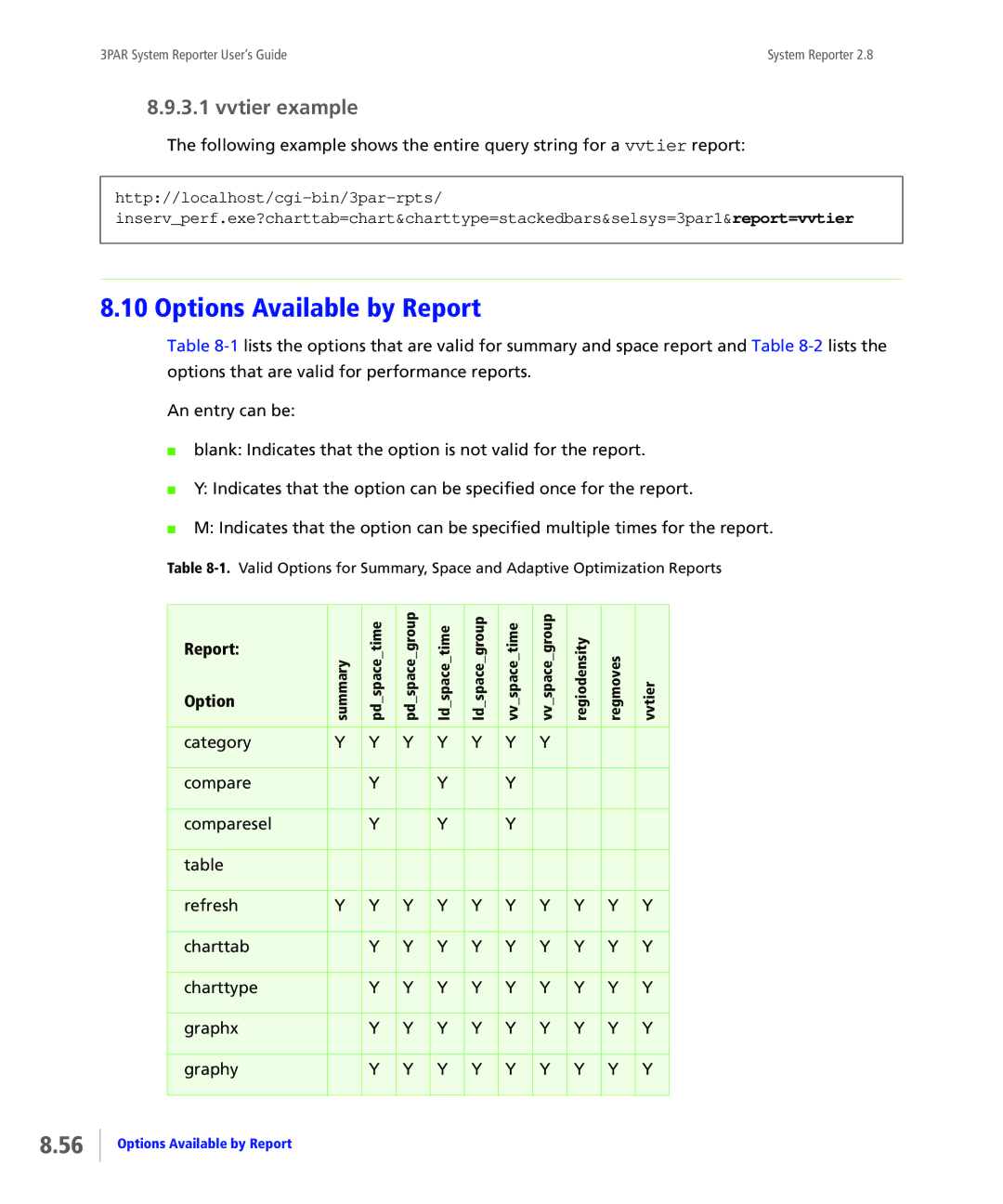 HP System Reporter E-Media Kit, System Reporter Media Kit manual Options Available by Report, Vvtier example, Report Option 