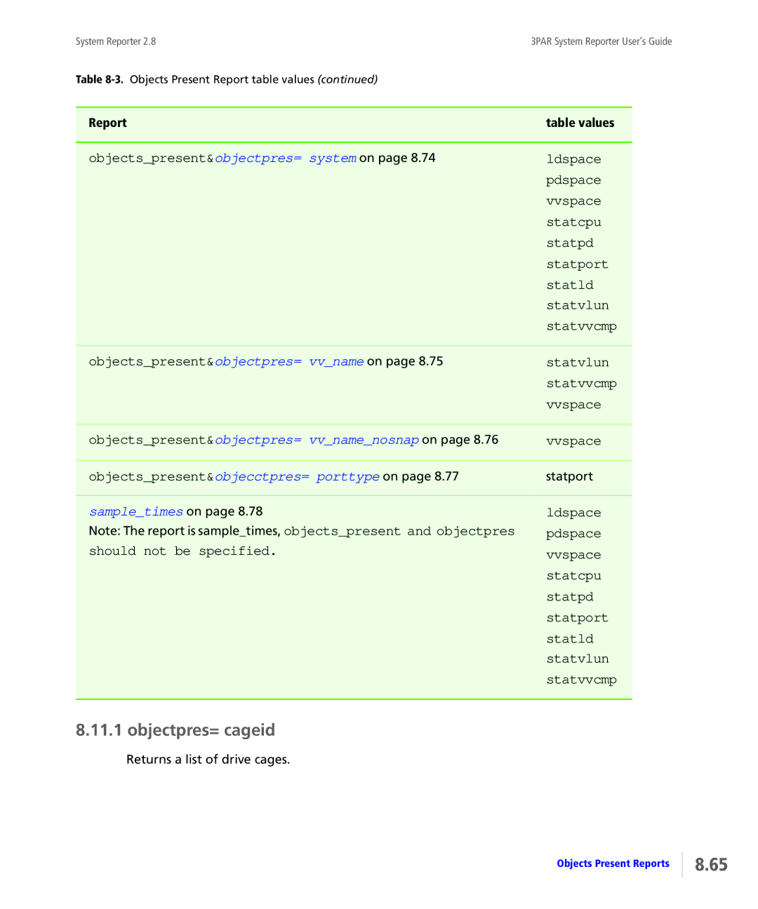 HP System Reporter Media Kit, System Reporter E-Media Kit manual Objectpres= cageid, Sampletimes on 