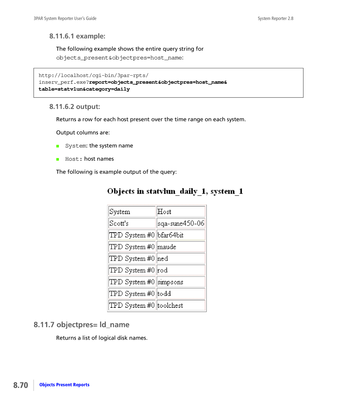 HP System Reporter E-Media Kit, System Reporter Media Kit manual Objectpres= ldname, Objectspresent&objectpres=hostname 